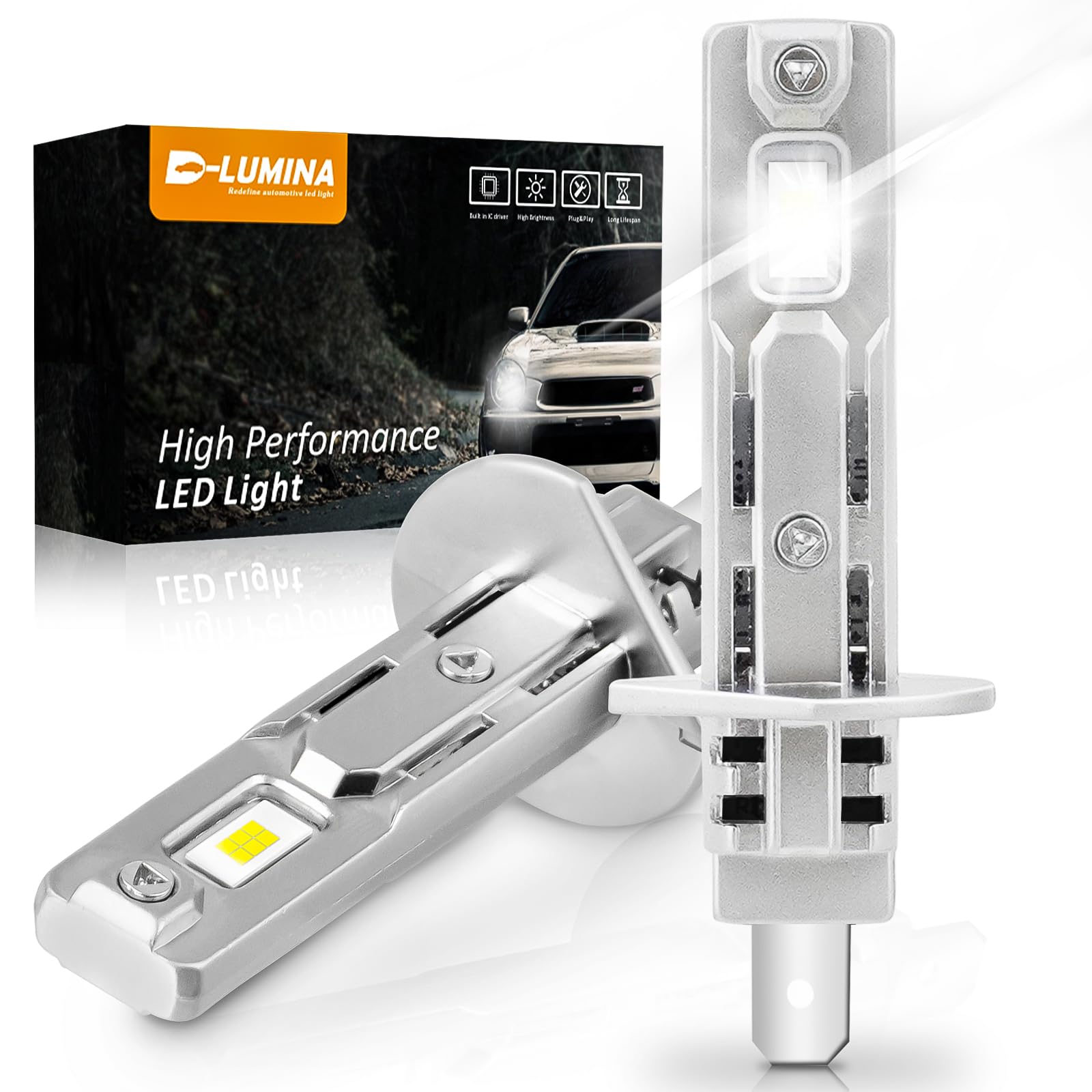 D-Lumina Ampoule H1 LED Canbus,100W 16000LM 6500K Puce CSP Super Lumineux éblouissants et feux de croisement,1:1 Design de rechange Lampe halogène non polarité,Plug and Play