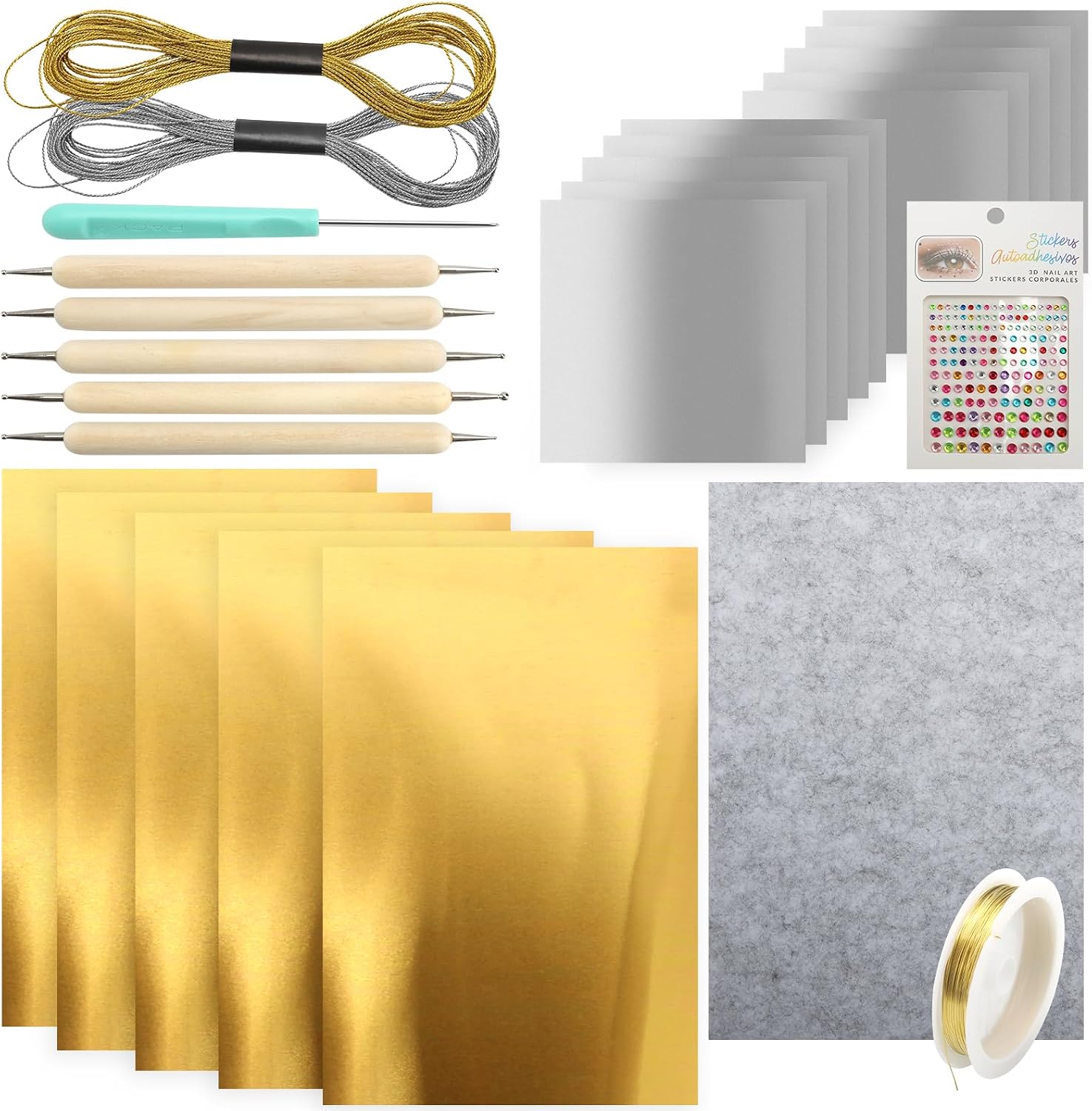 15PCS Gold Leaf Sheets Art Craft Kit, Gold & Silver Aluminum Sheets with Engraving Tools Copper Wire Pcsgem Stickers for Painting Gilding Crafting Decoration, 7.9 X 11.8 Inches (Gold)