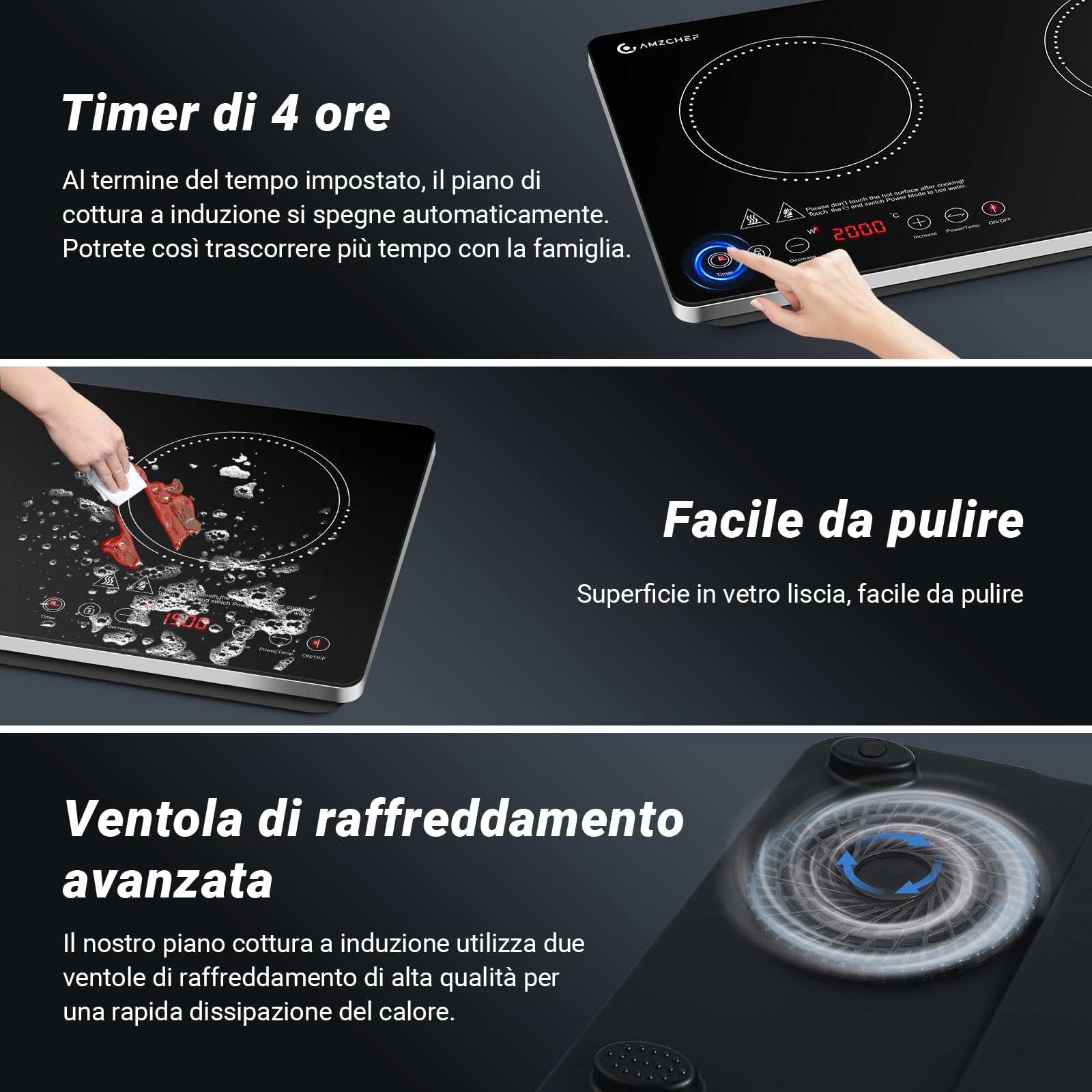 AMZCHEF Piastra Induzione 2 Fuochi Con IGBT Importato, 20 Livelli di Temperatura, 20 e 15 Livelli di Potenza, 3500W Piano Cottura Con Timer di 4 Ore, Blocco di Sicurezza
