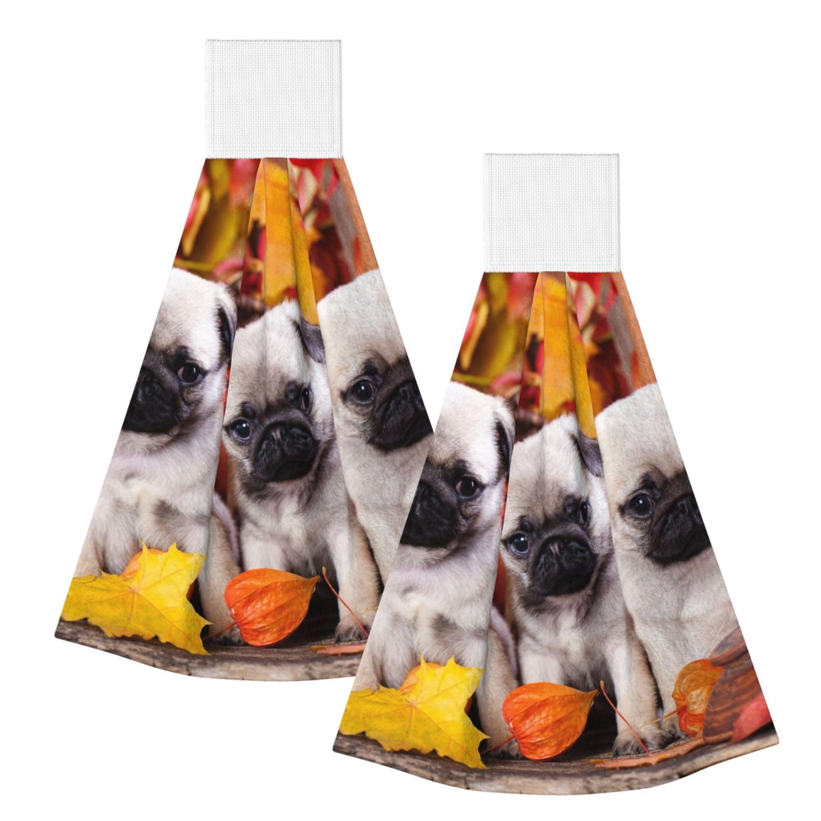 DOPKLNA Puppys Pug, 2 Pcs Hanging Coral Fiber Hand Towels for Bathroom, Absorbent Kitchen Towels