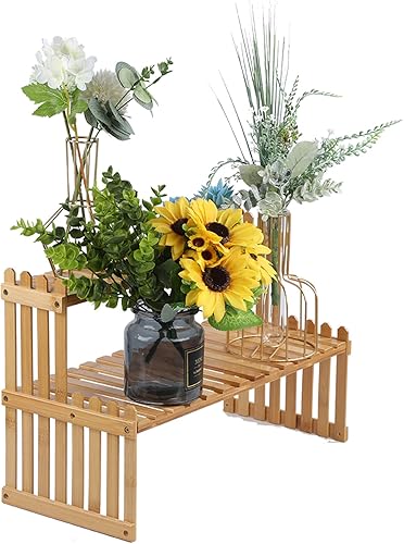 Miniatura 6 de Estante de bambú de 2 niveles de 14.6"18.5", soporte para macetas de escritorio, estante de exhibición ajustable para escritorio, organizador en
