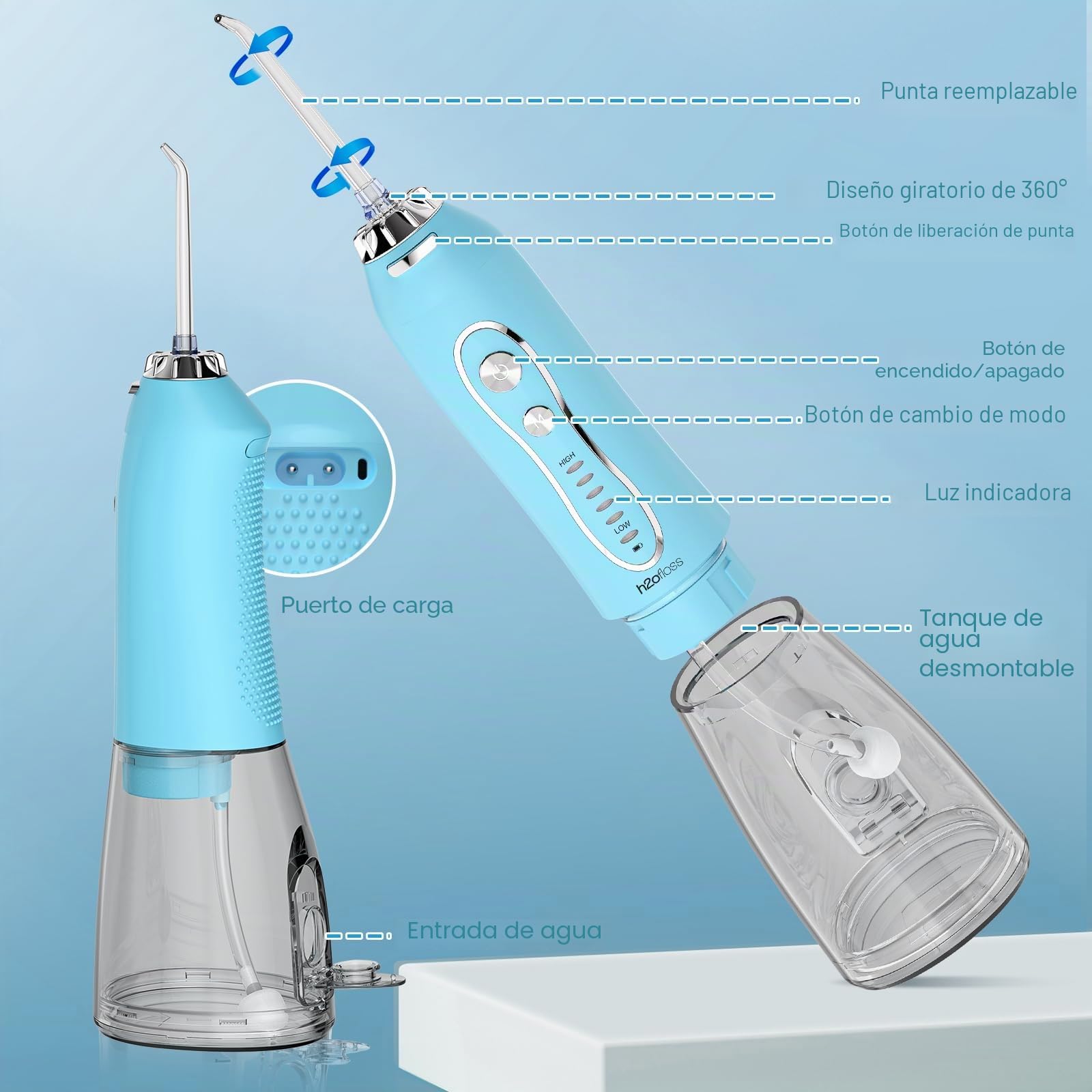 H2ofloss Irrigador dental de agua portátil inalámbrico, 5 modos IPX7 impermeable, irrigador bucal recargable de 300 ml para limpieza de dientes, azul cielo