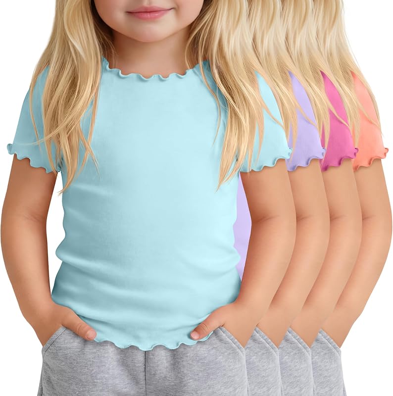 Oakgarden 4 Pack Toddler's Short Sleeve Shirts | Back to School, Summer, Lettuce Trim, Tops, Casual, Fitted, Crew Neck, Cute, Basic, Tees, for Kids 18M-5T, Beach, Vacation