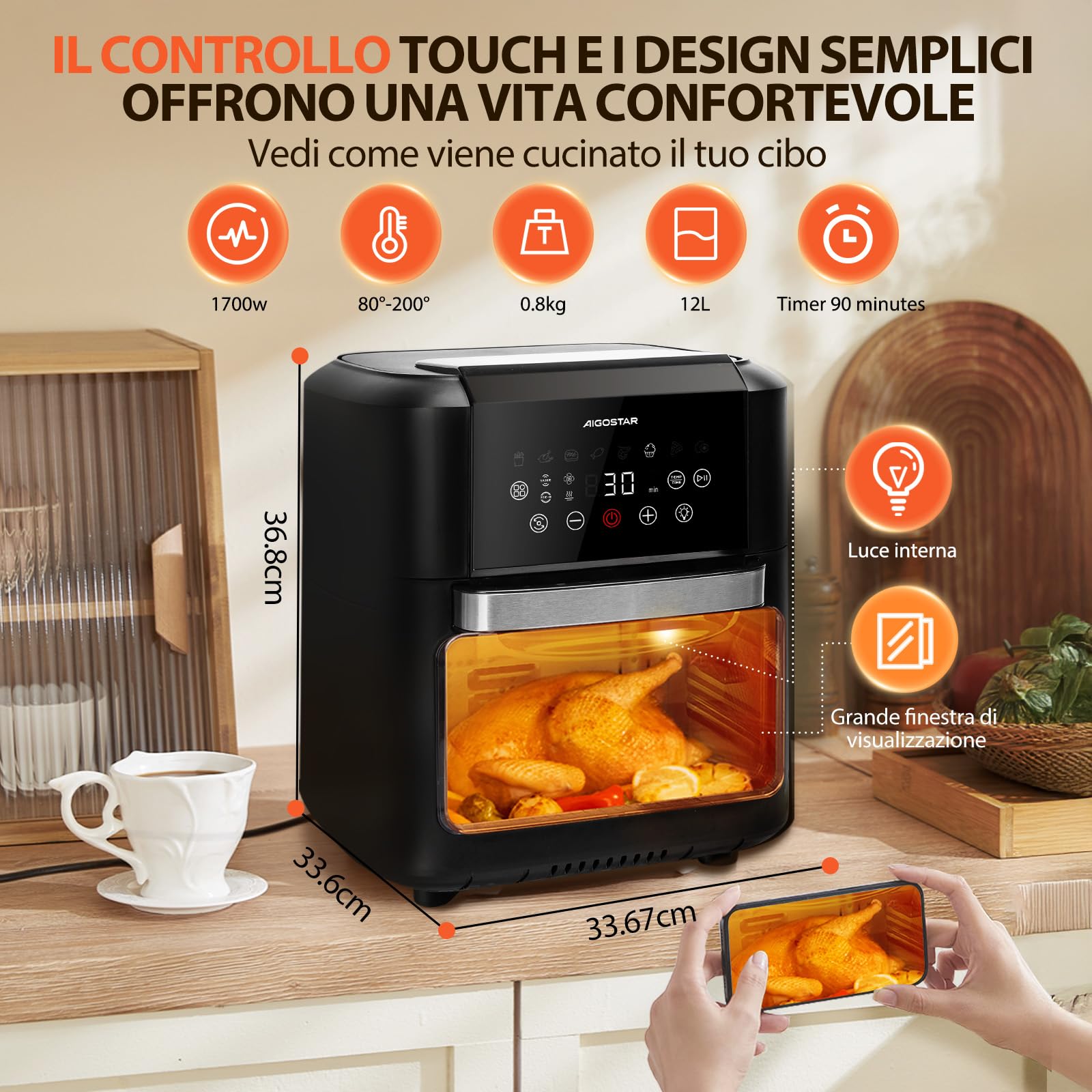 Aigostar Owen - Friggitrice ad aria da 12 litri, Forno ad aria multifunzione, 1700 W, Touch screen LED, 8 modalità preimpostate, include 7 accessori, sistema rotante, BPA FREE