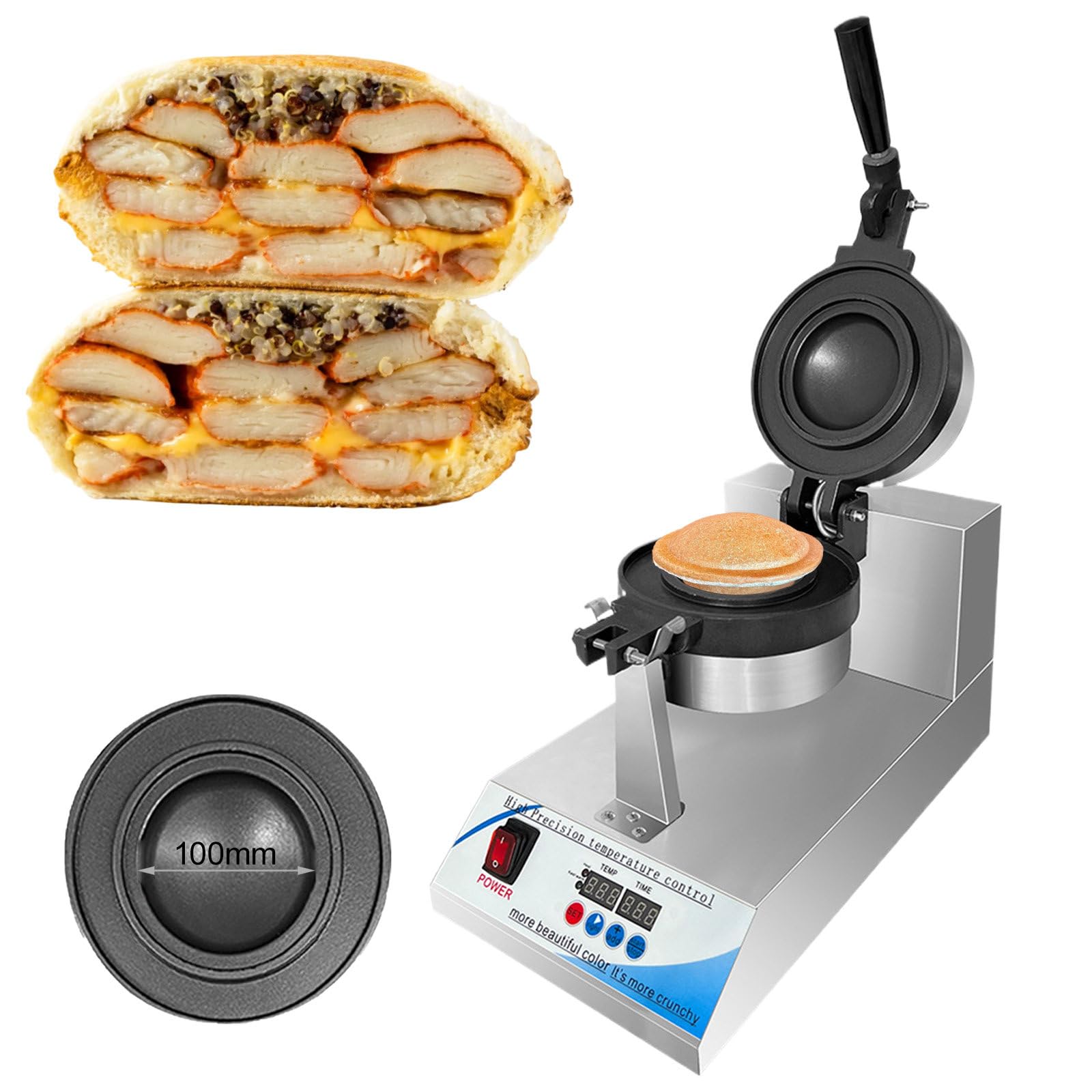Máquina comercial para hacer hamburguesas y sándwiches, máquina para hacer waffles y helados antiadherentes, panel de control con pantalla digital, temperatura ajustable de 50 a 220 ℃/temporizador d