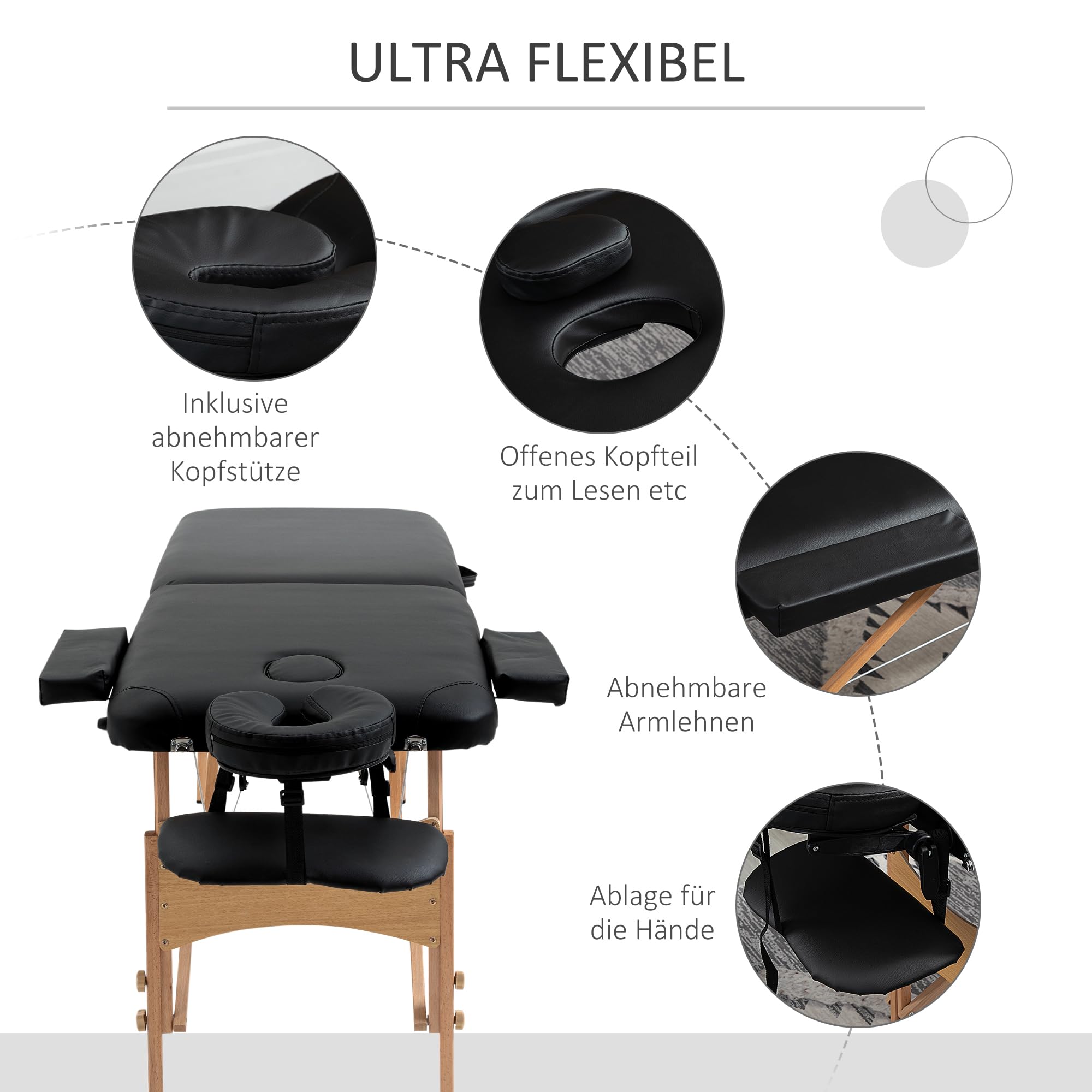 HOMCOM Massagetisch Klappbare Massageliege für Spa Kunstleder Holz Schwarz | Höhenverstellbare Massagebank, Massagebett Mit Kopfstütze, Für Salon