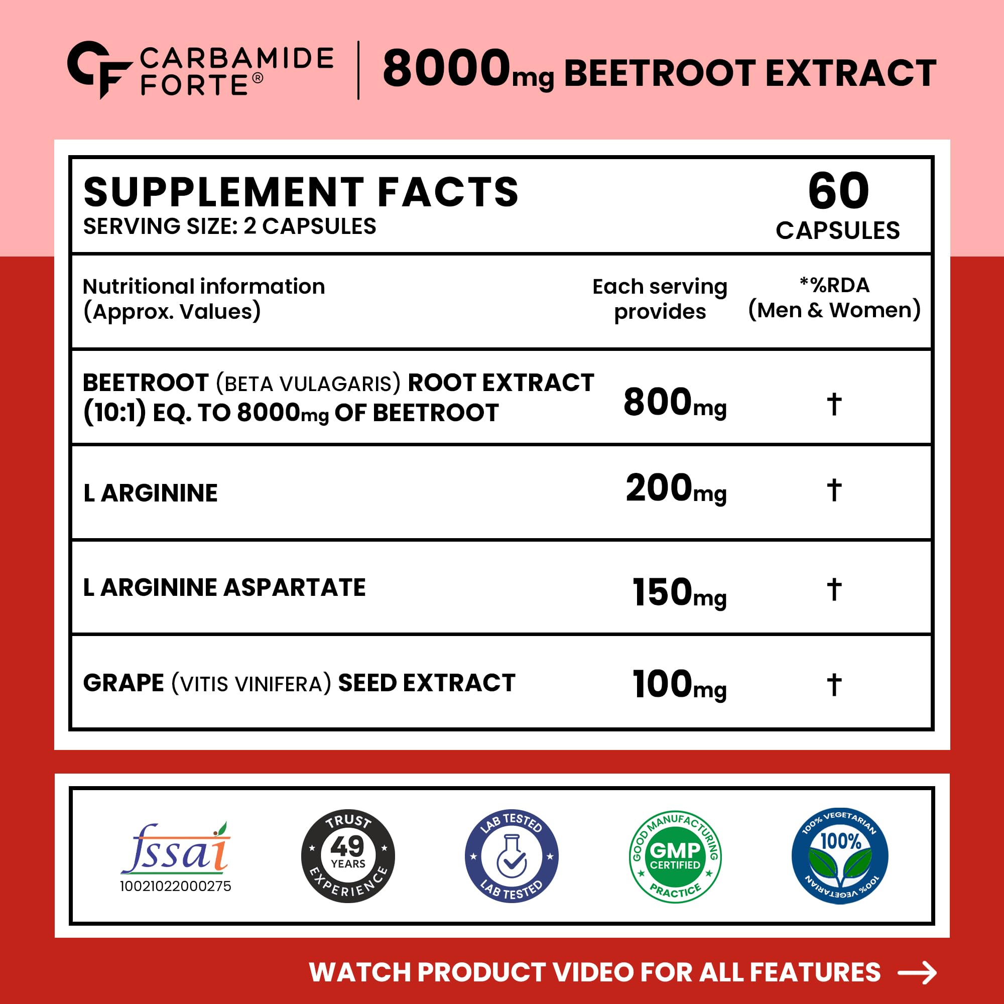 Carbamide Forte Beetroot Capsules Extract 8000mg | Beetroot Supplement With L-Arginine & Grape Seed Extract | Supports Healthy Blood Flow, Energy, & Nitric Oxide | 60 Capsules — Amazon image 2