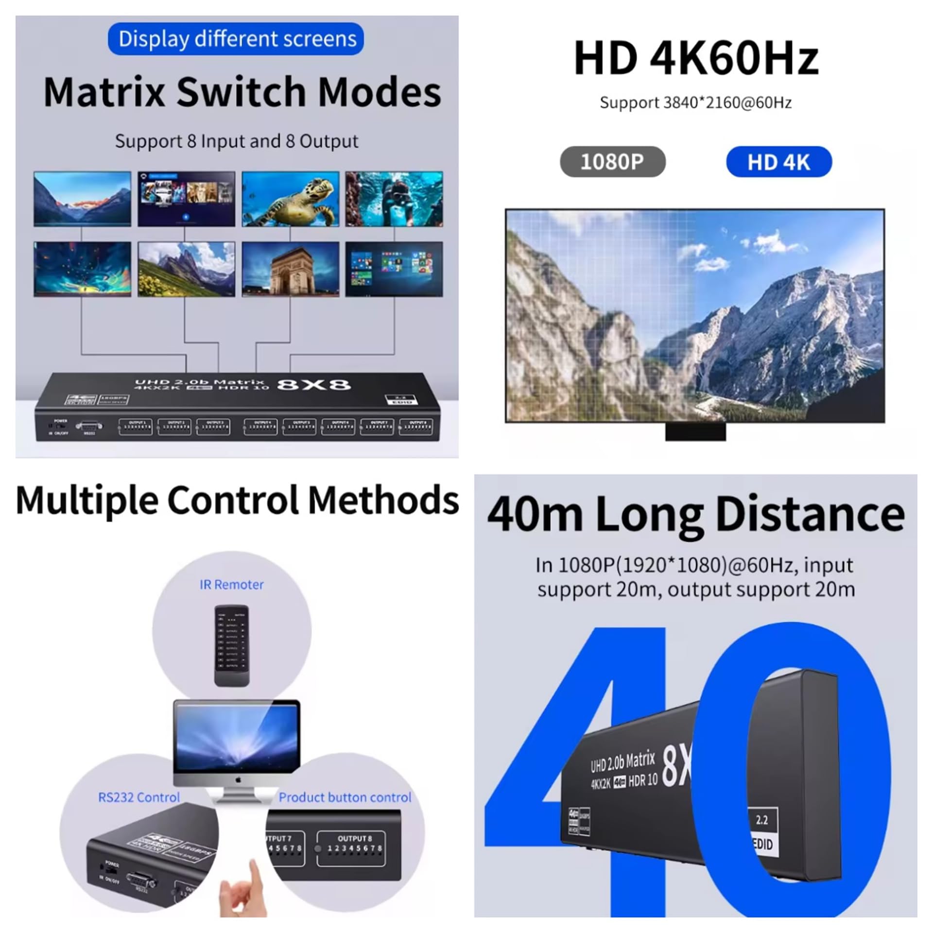 HDMI2.0 HD Digital 8X8 Matrix, 4K/60HZ/1080P144HZ, 8X8 przełącznik rozdzielacz RS232 IR pilot do monitora PC do telewizora