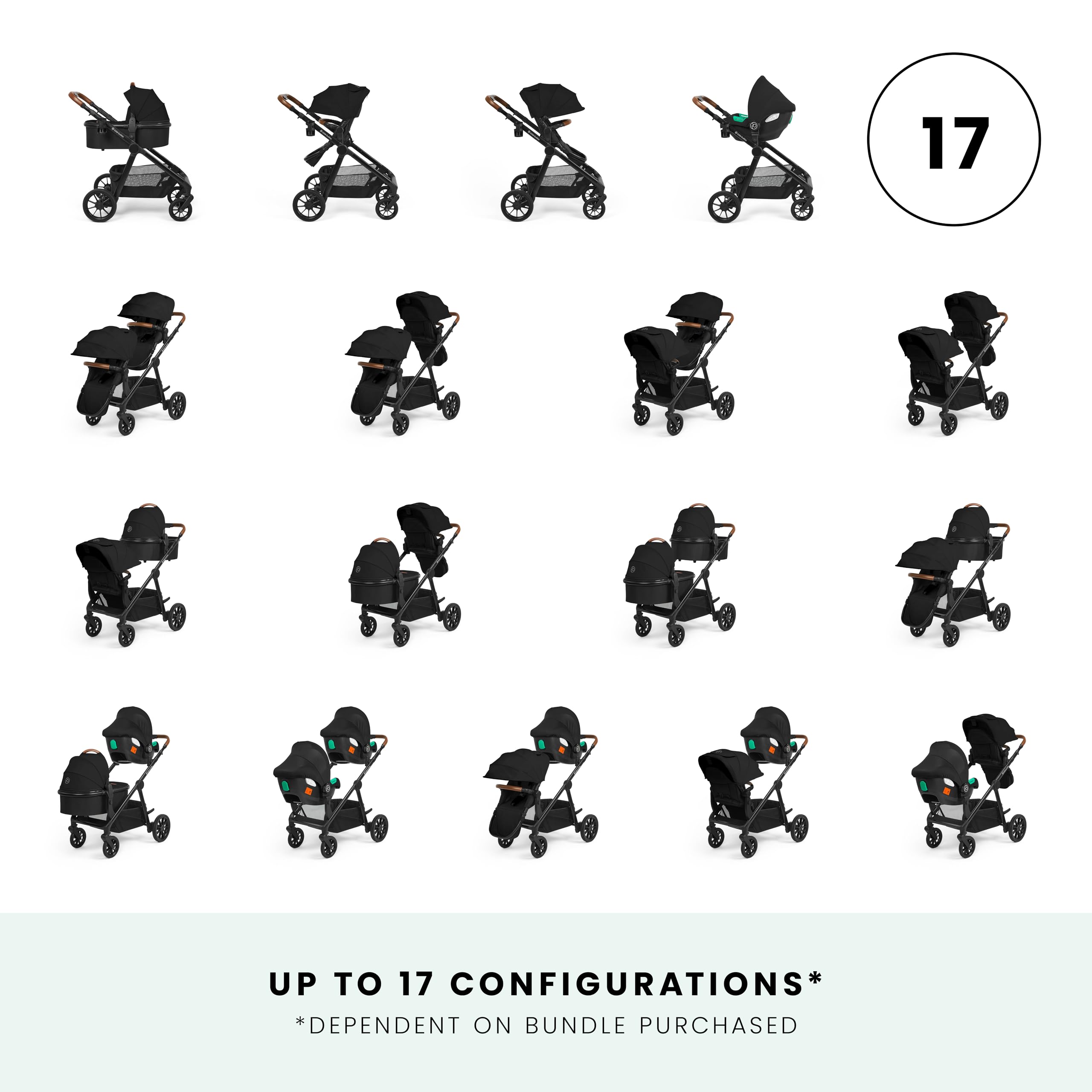 Ickle Bubba Virgo Twin Système de voyage 11 pièces – Convient dès la naissance, poussette tandem avec nacelle, chancelière et accessoires (noir)