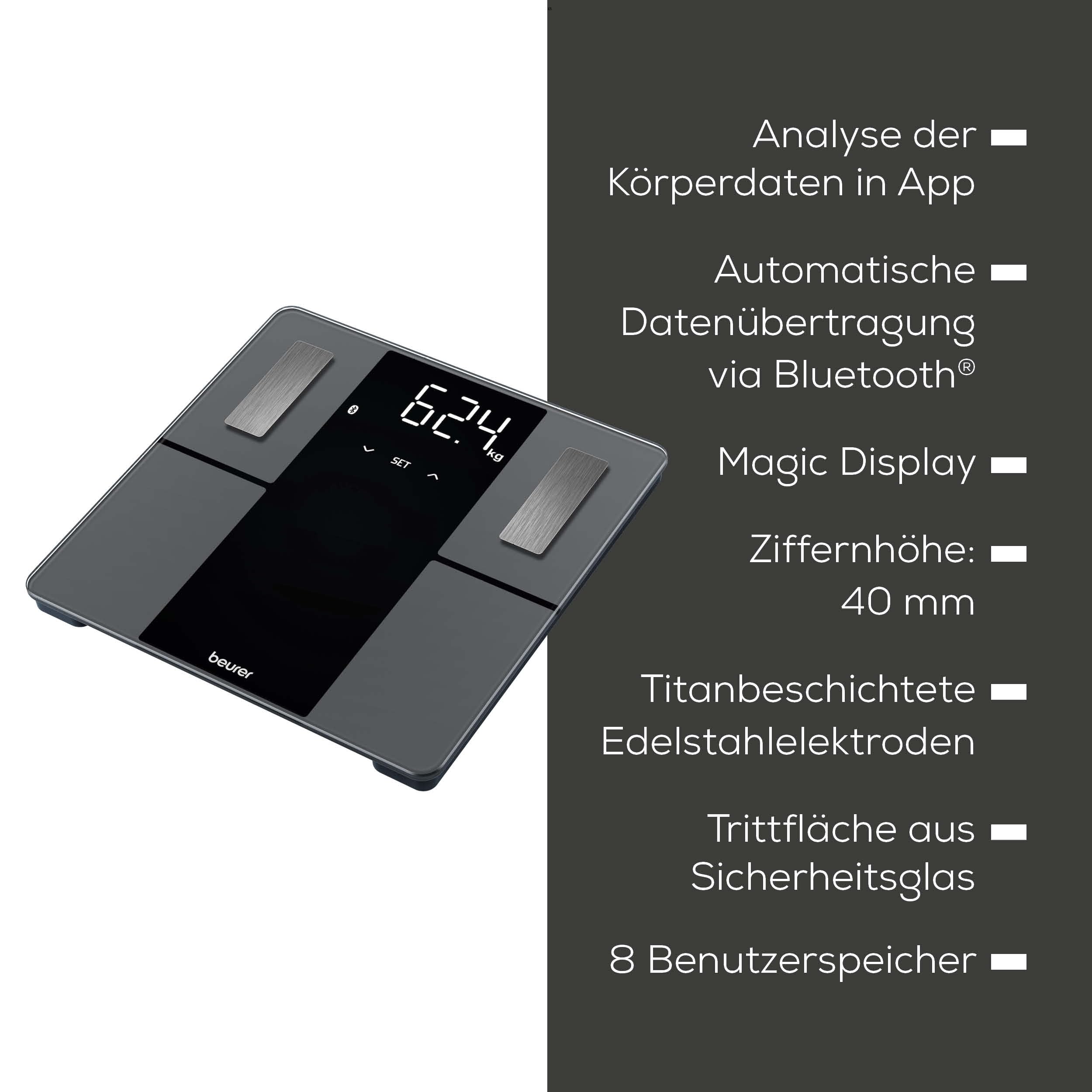 Beurer BF 500 Personenwaage mit Bluetooth & App, digitale Körperfettwaage mit Messung von Körperfett, Muskelanteil, Kalorienbedarf etc., XL-Display, Datenübertragung zu Apple Health & co., bis 180 kg