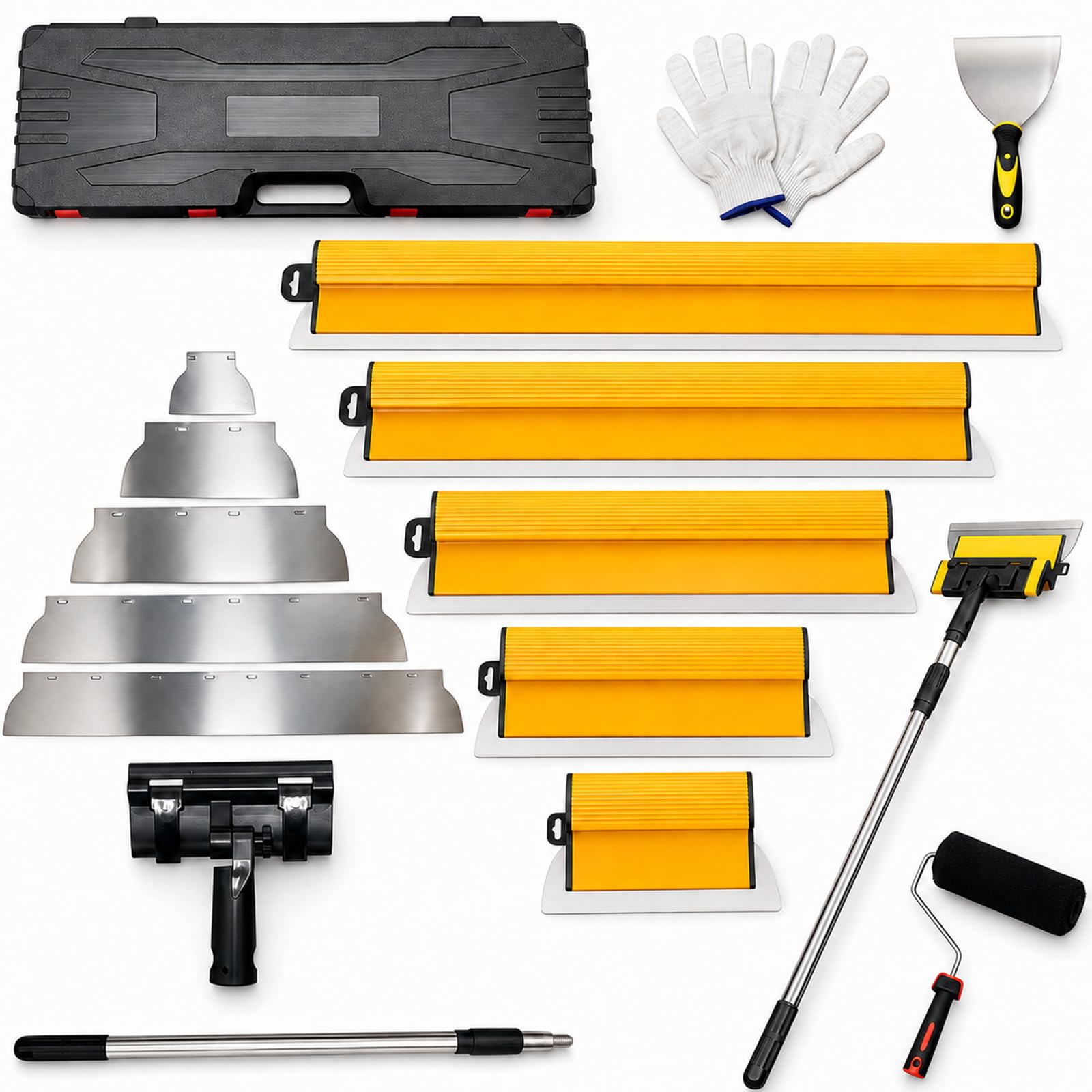 15 Stück Flächenspachtel Set, Flächenspachtel 15 cm/25 cm/40 cm/60 cm/80 cm | Edelstahl Spachtel Werkzeug, mit Teleskopstange & 5 Ersatz-Flächenspachtel, für Wandbearbeitung und Großflächiges Arbeiten