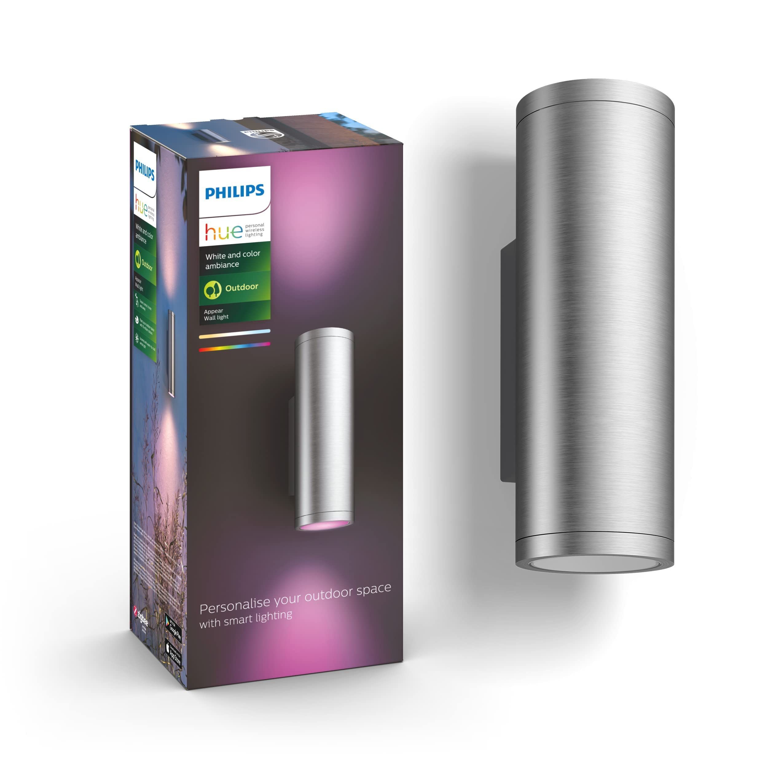 Philips Hue Philips Hue Appear [Inox] Wall Lantern x 2 + Outdoor Motion Sensor. White and Colour Smart Lighting for Outdoor, Garden, Terrace and Patio Light.