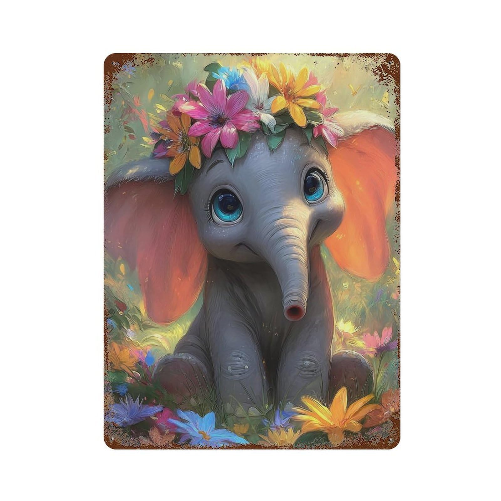 Floral Elephant Fantasy Rust Effect Tin Sign 15.7"x11.8", Farmhouse Wall Decor for Bistro, Counter And Cafe Decor