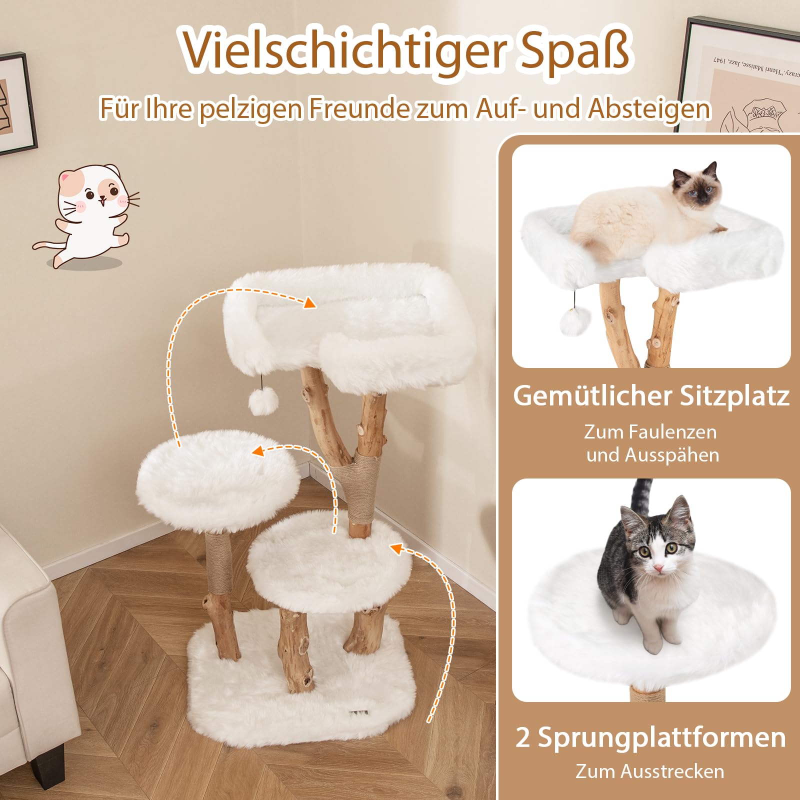 SOARS Rascador de Madera Maciza para Gatos, Árbol para Gatos con 3 Troncos de Peral natural, Cueva para Gatos, cama para gatos, rascador para gatos con pelota de juego, cuerda de yute, 59 x 49 x 110cm