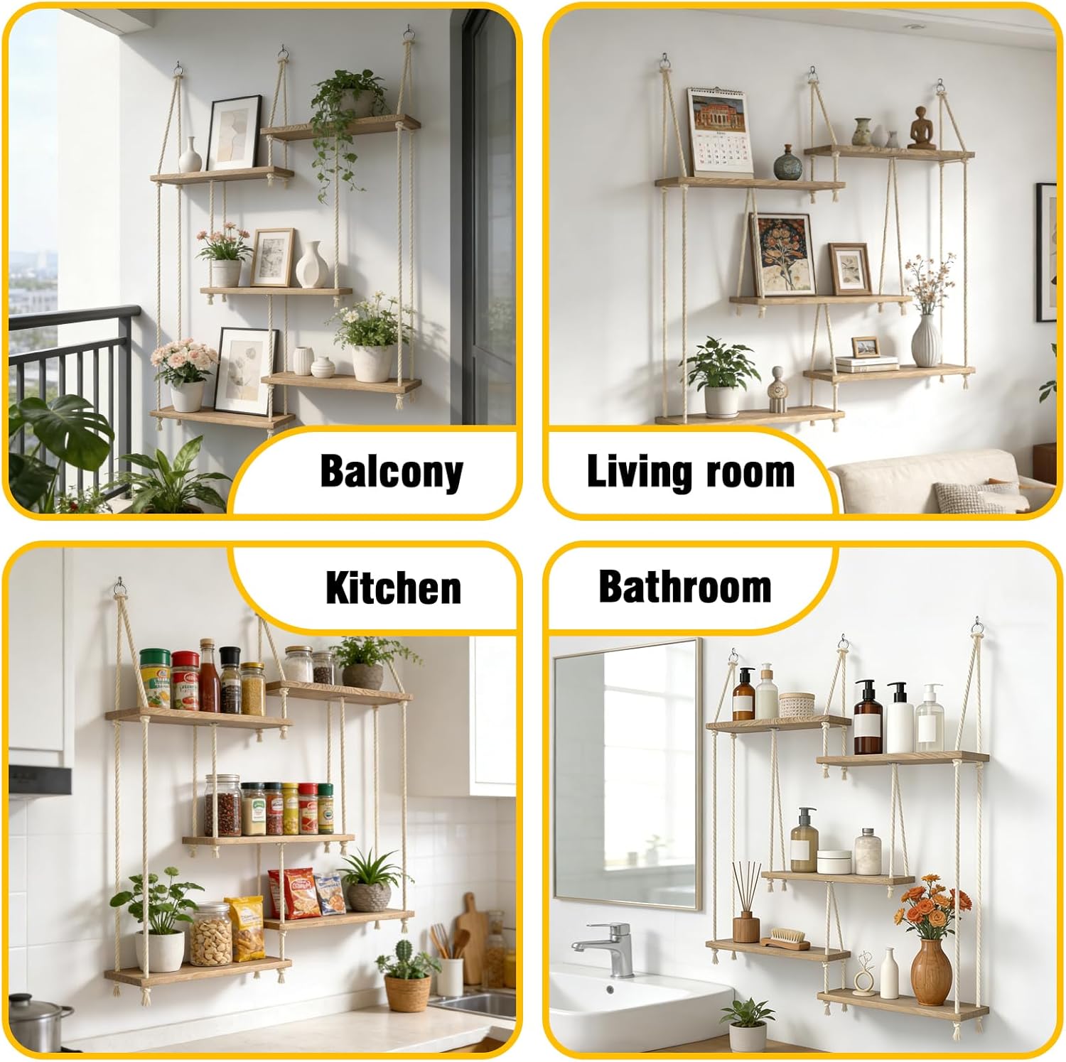 Hanging Shelves for Wall 5 Tier Macrame Rope Floating Shelves with Vine Lights Boho Wall Mounted Decor Wood Organizer Storage Rack for Bedroom, Bathroom, Kitchen