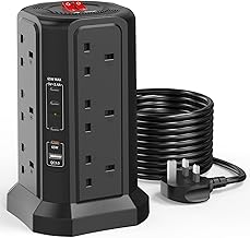 Tower Extension Lead with USB Slots and PD 65W USB C Fast Charger, 5 USB Ports (4C1A) and 12 Way Extension Tower, Extension Cable for Home, Office (Black, 3M)