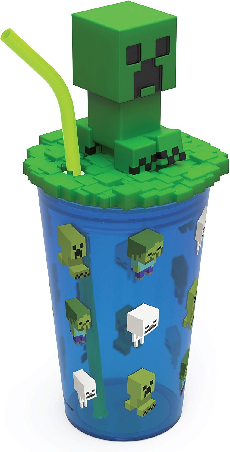Zak Designs Minecraft Creeper Funtastic Kids Cup Includes 2 Reusable Straws and Unique 3D Character On Lid - Sculpted Minecraft Design Stands Out (15oz, BPA Free)