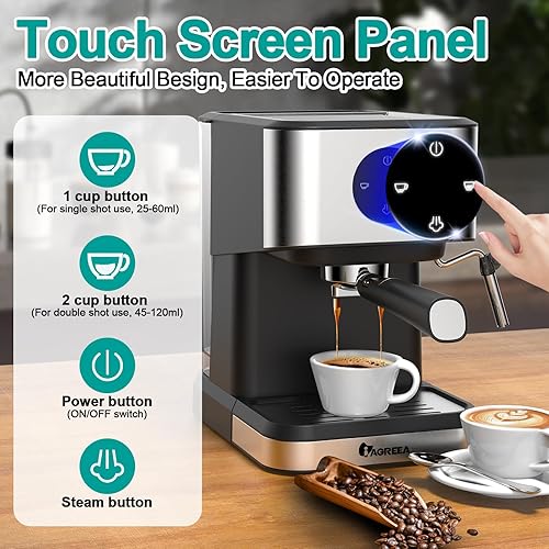 Miniatura 3 de IAGREEA Máquina de café expreso de 20 bares, cafetera con espumador de leche de vapor, cafetera con tanque de agua de 50 onzas, máquina de capuchino