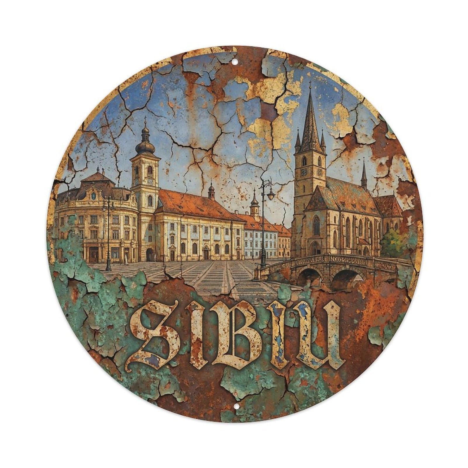 Travel Vintage Romania Sibiu Metal Tin Sign
