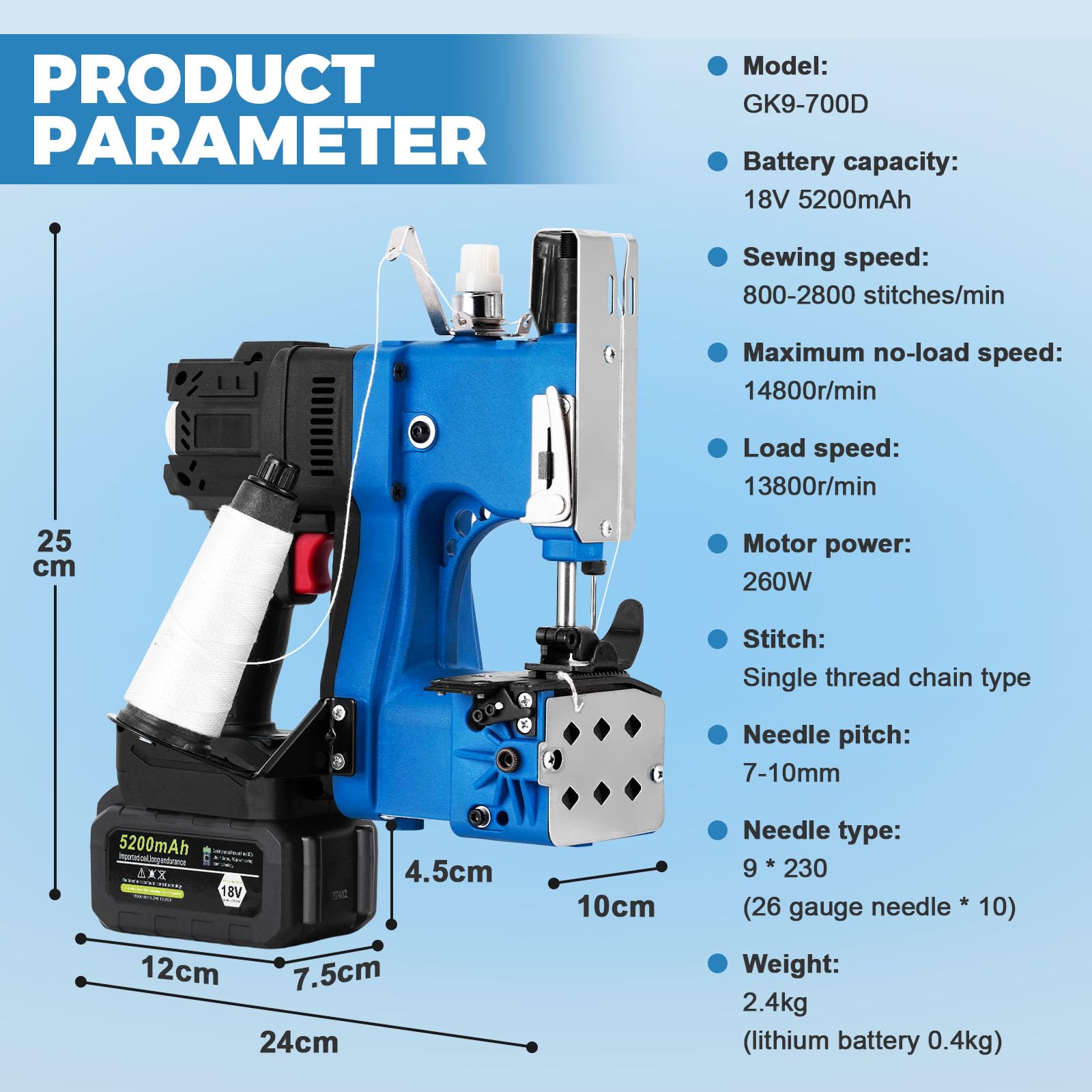 MXBAOHENG Cucitrice per sacchetti a velocità regolabile con 2 batterie 21 V Macchina per Cucire per Sacchetti di Borsa a batteria per Sacchi di Juta/Riso/Mangimi/Tela/Carta Kraft/Plastica intrecciato
