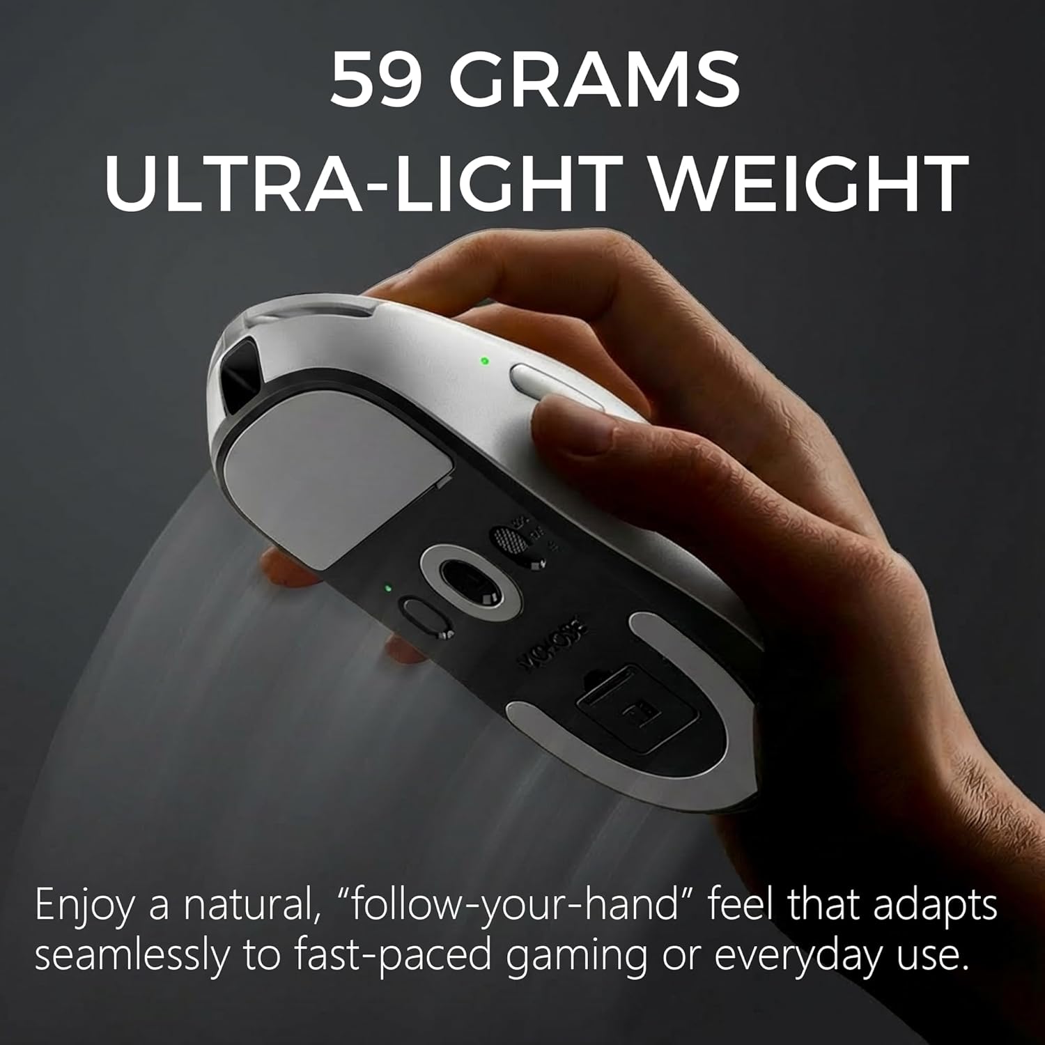 Hand holding the MCHOSE A7 V2 Ultra+ mouse, emphasizing its 59-gram ultra-lightweight design