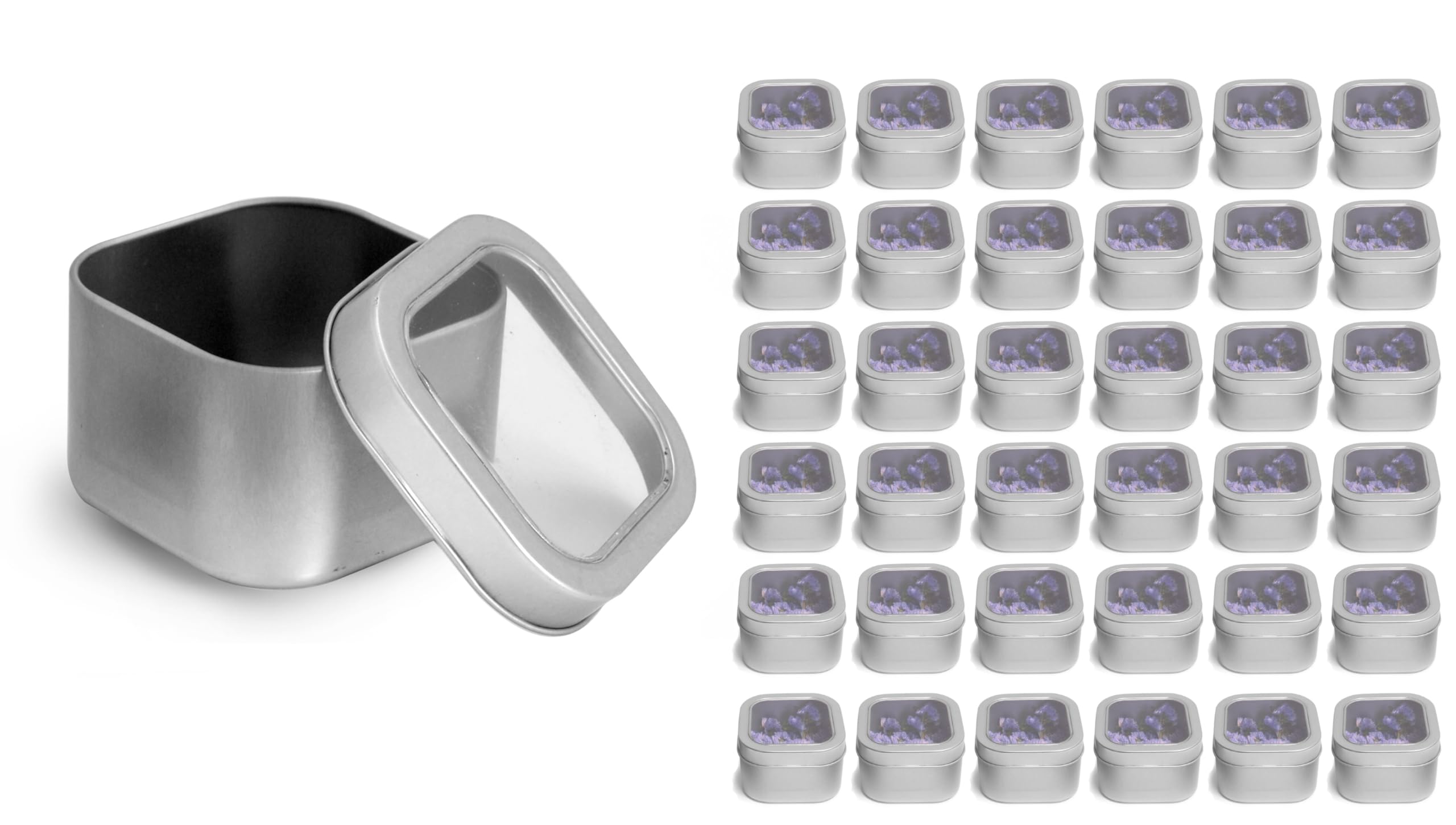 36 Count 8 Ounce Square Metal Tins with Clear View Tops by SKS Bottle and Packaging, Small Tins with Lids, Ideal for Candy, Spices, Mints, Candles, Home Organization