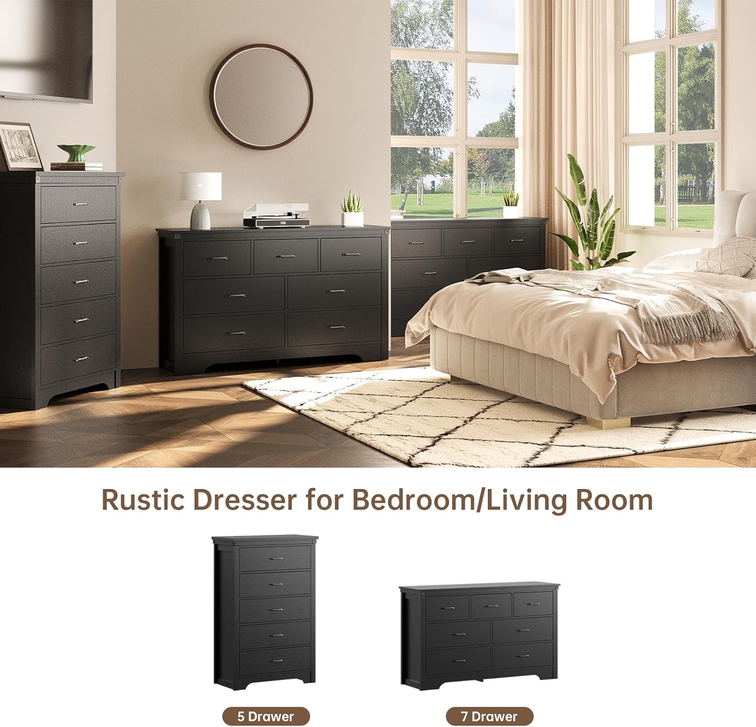 Airynee 7 Drawers Dresser for Bedroom, 52" Wide Farmhouse Storage Organizer, Wood Tabletop TV Stand for Living Room, Guest Room, Closet, Entryway, and Nursery, Black