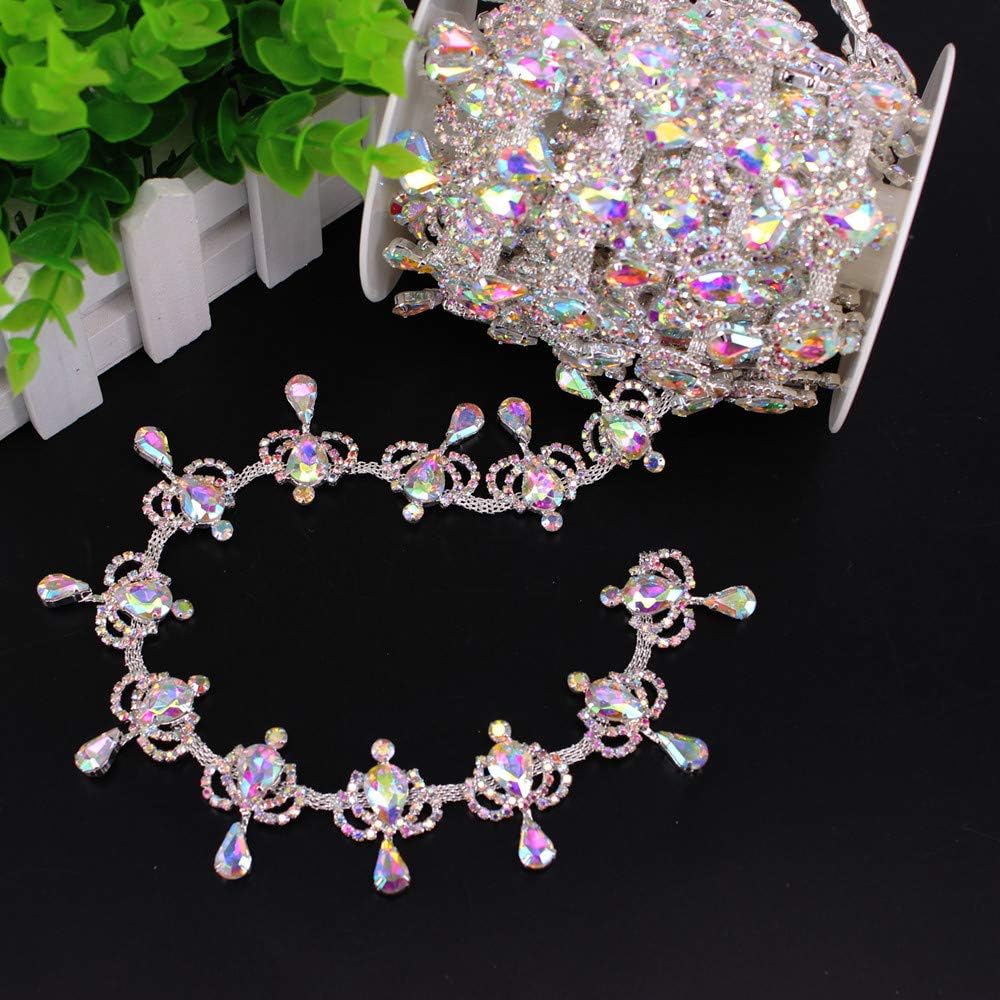 1 Yard AB Fringe Rhinestone Chain Trim Crown Shape Holographic Crystal Welding Trimming Belt Bridal Beaded Trim Applique (Silver AB)
