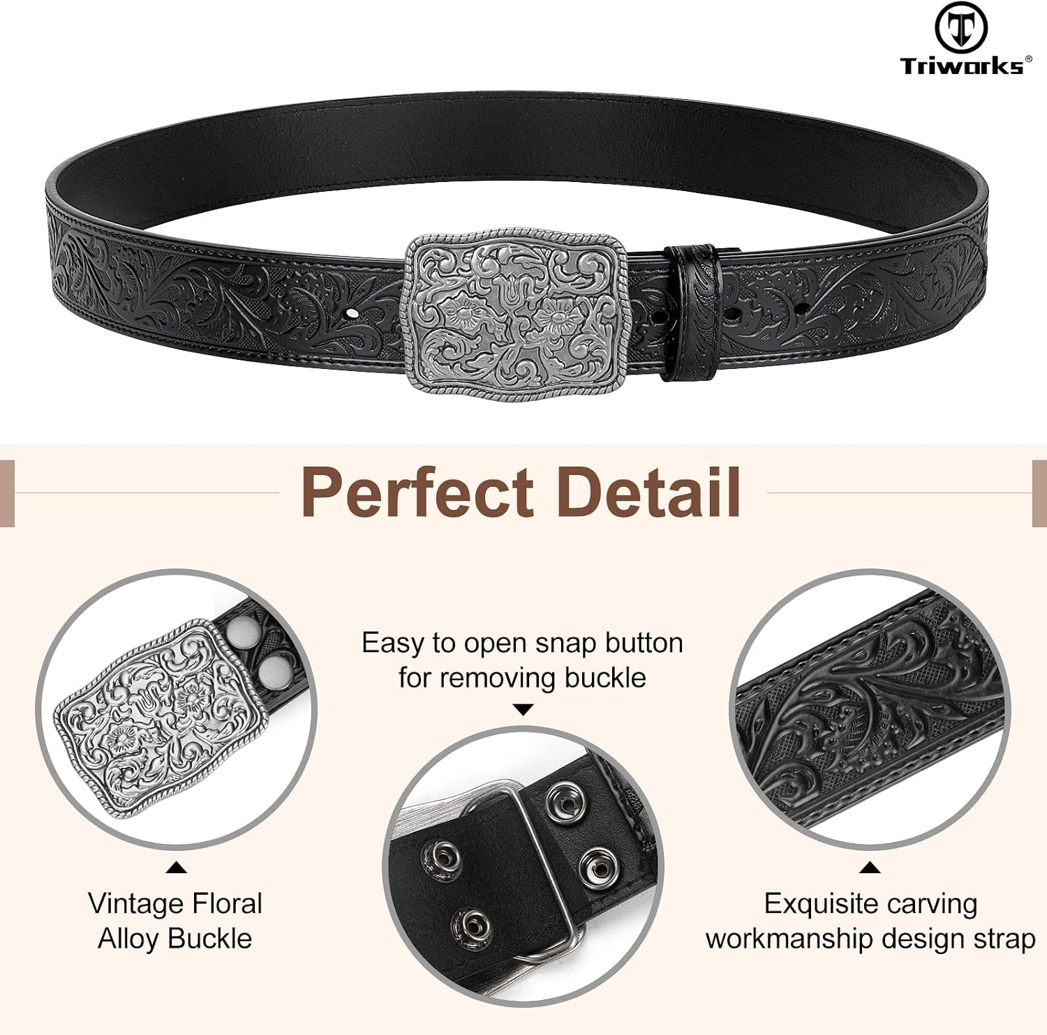 TRIWORKS Western Belts for Women Men Cowgirl Cowboy Embossed Engraved Tooled Leather Belt with Buckle for Jeans Pants Rodeo