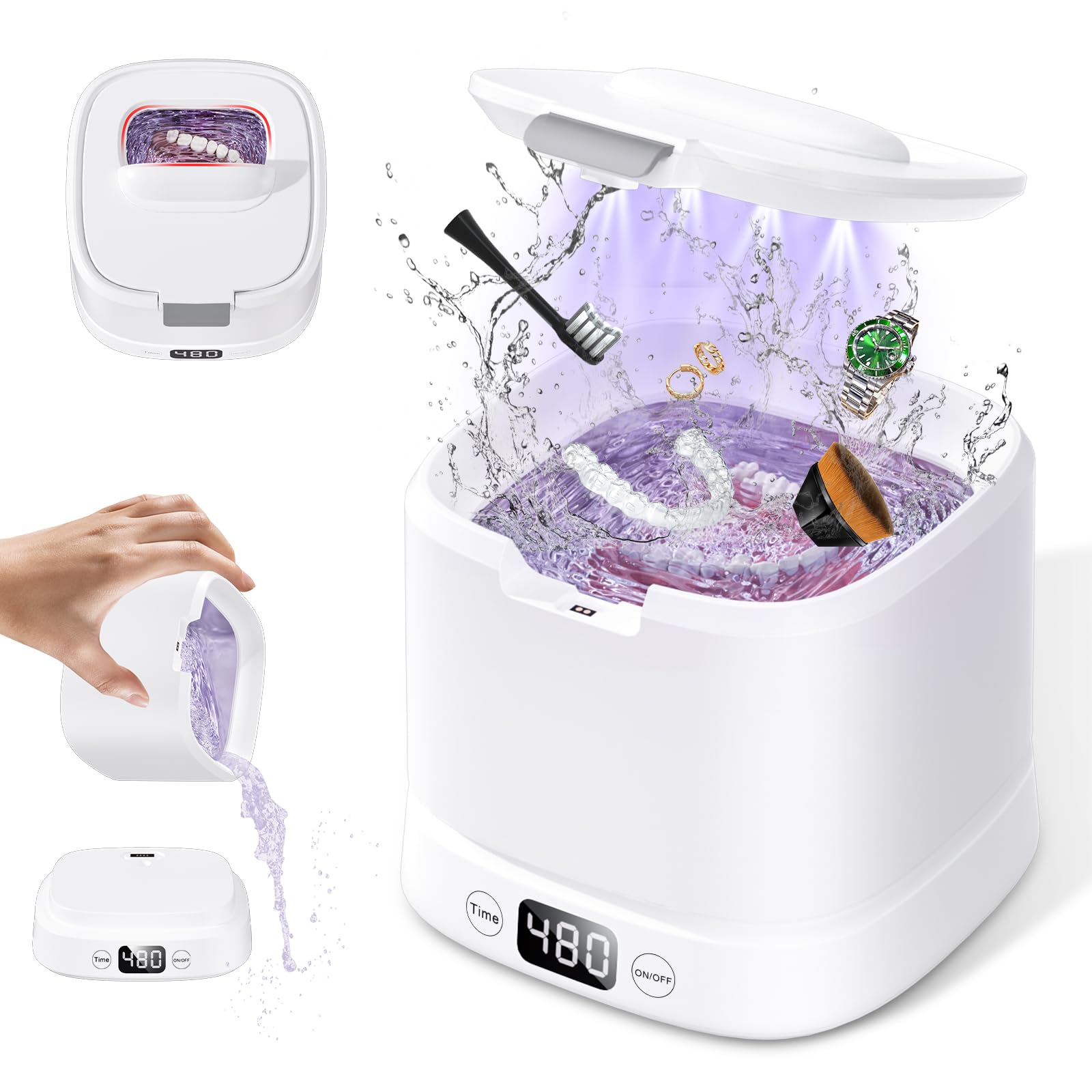 Macchina per la pulizia a ultrasuoni, per la pulizia dentale, con timer digitale per protesi, allineatori, parentesi graffe, guardie notturne, gioielli, 45 kHz/319 ml (bianco)
