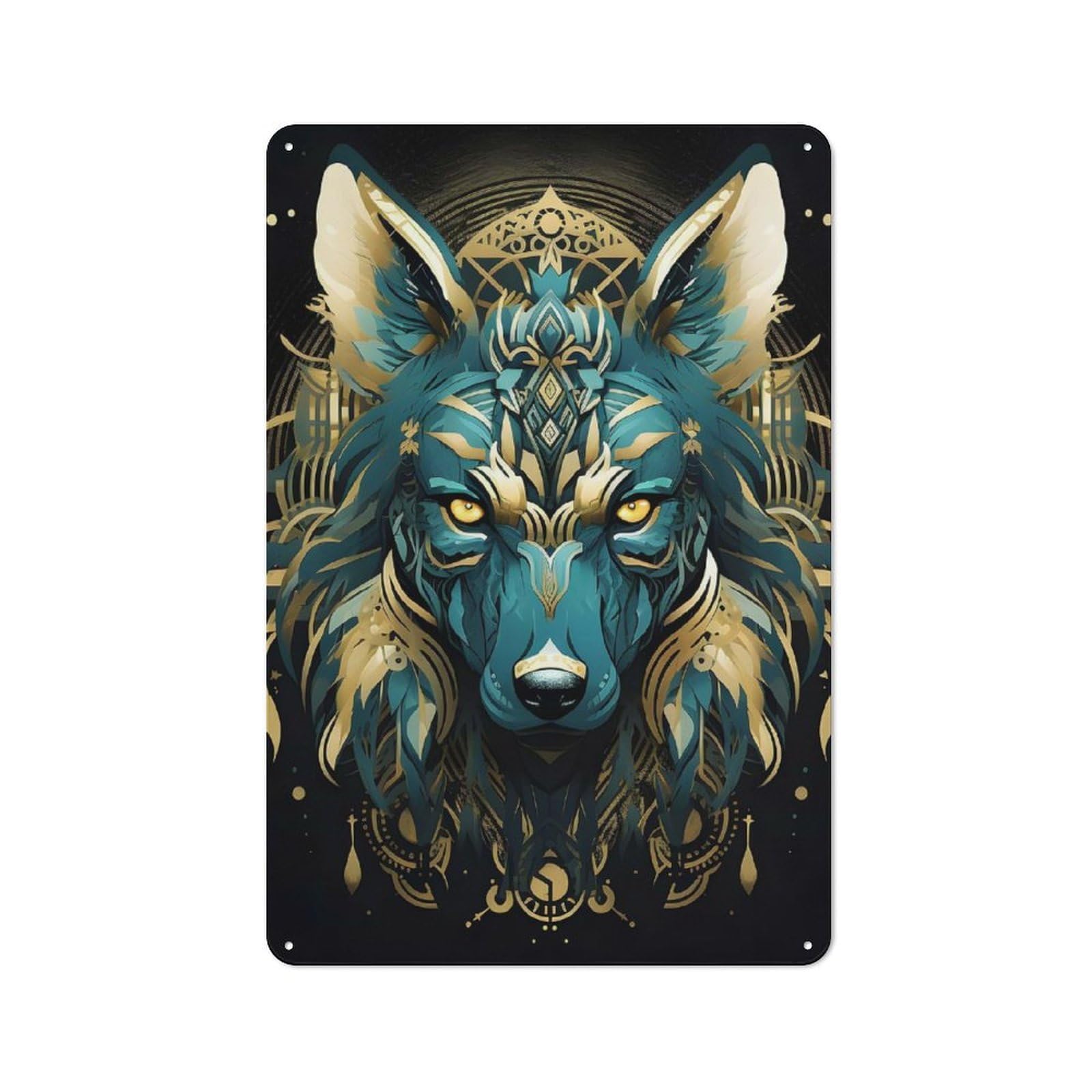 Native Turquoise Wolf Modern Vintage Metal Wall Decor 30x20cm, Tin Sign for Hobby Room, Office, Lounge Or Living Room