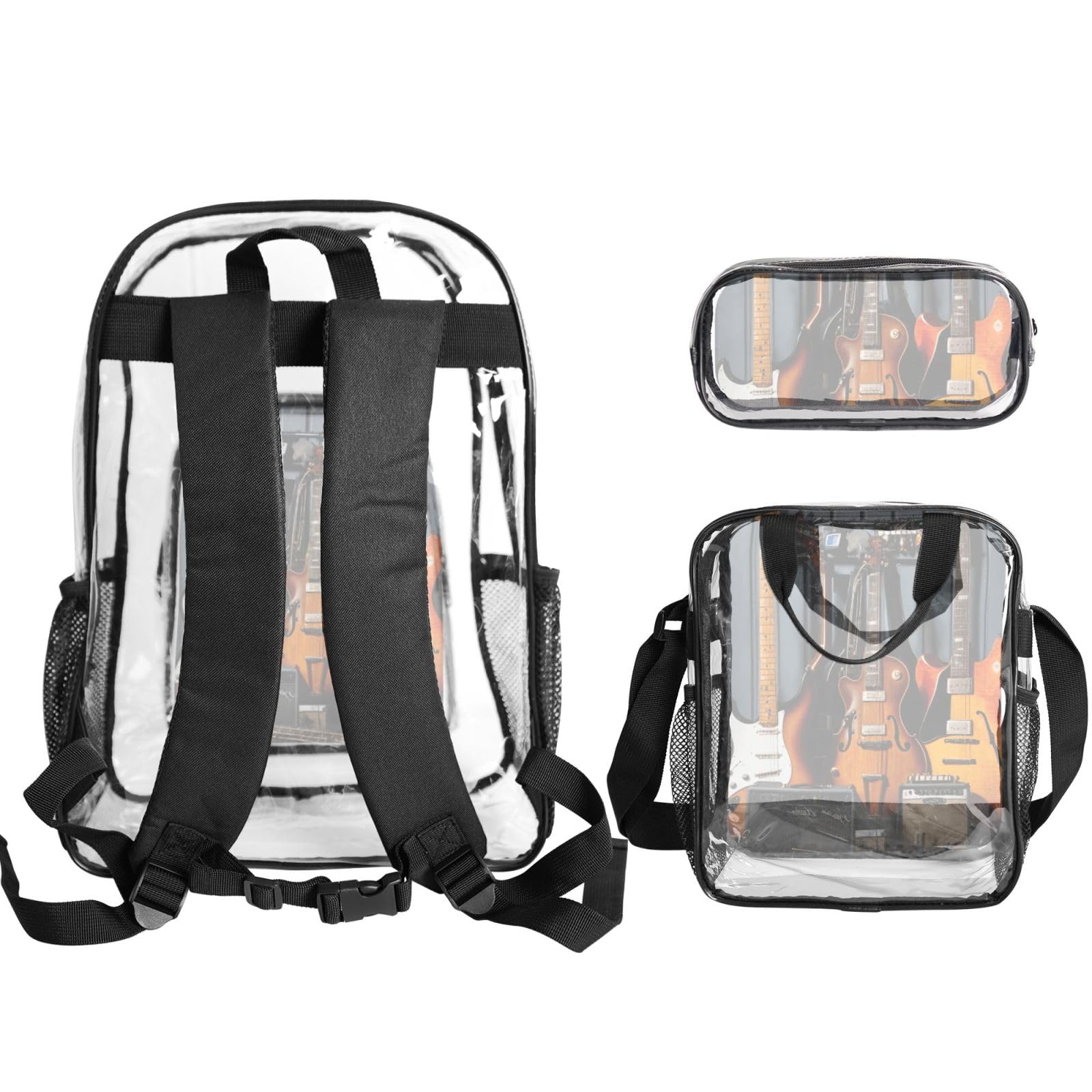 Gitara elektryczna nadruk przezroczysty plecak zestaw unisex 3-częściowy przezroczysty torba na lunch piórnik podróżny na zewnątrz