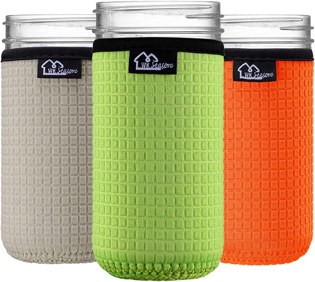 WK IEASONWide Mouth Mason Jar Neoprene Sleeve 16-24OZ Mason Jar Sleeves (24OZ/Green/Grey/Orange)