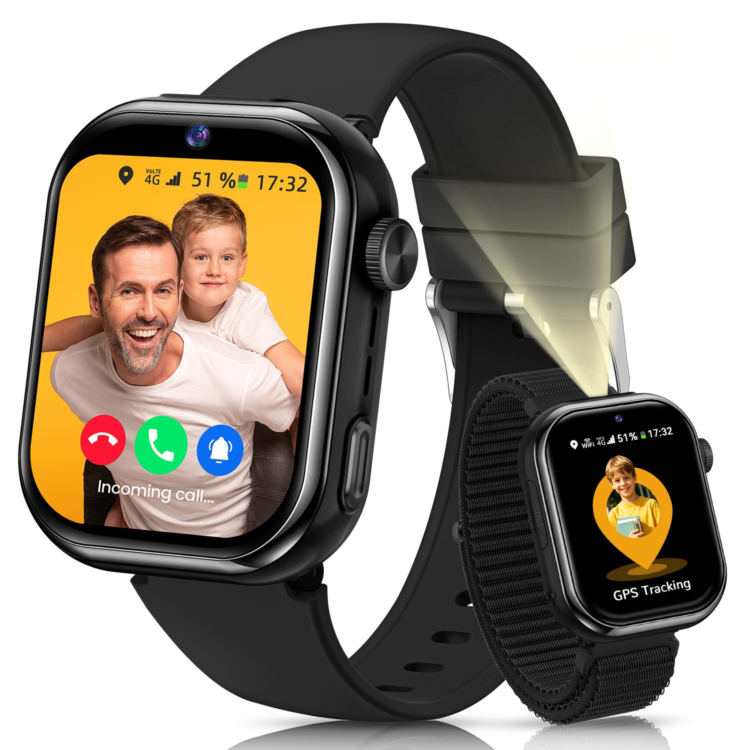 4G Reloj Inteligente Niña, Smartwatch Niña con GPS y Llamadas, Videollamadas, Chat de Voz, SOS, Modo Escuela, Doble Cámara, Linterna, Podómetro, Sueño, Despertador IP68 para Niñas Niños Negro