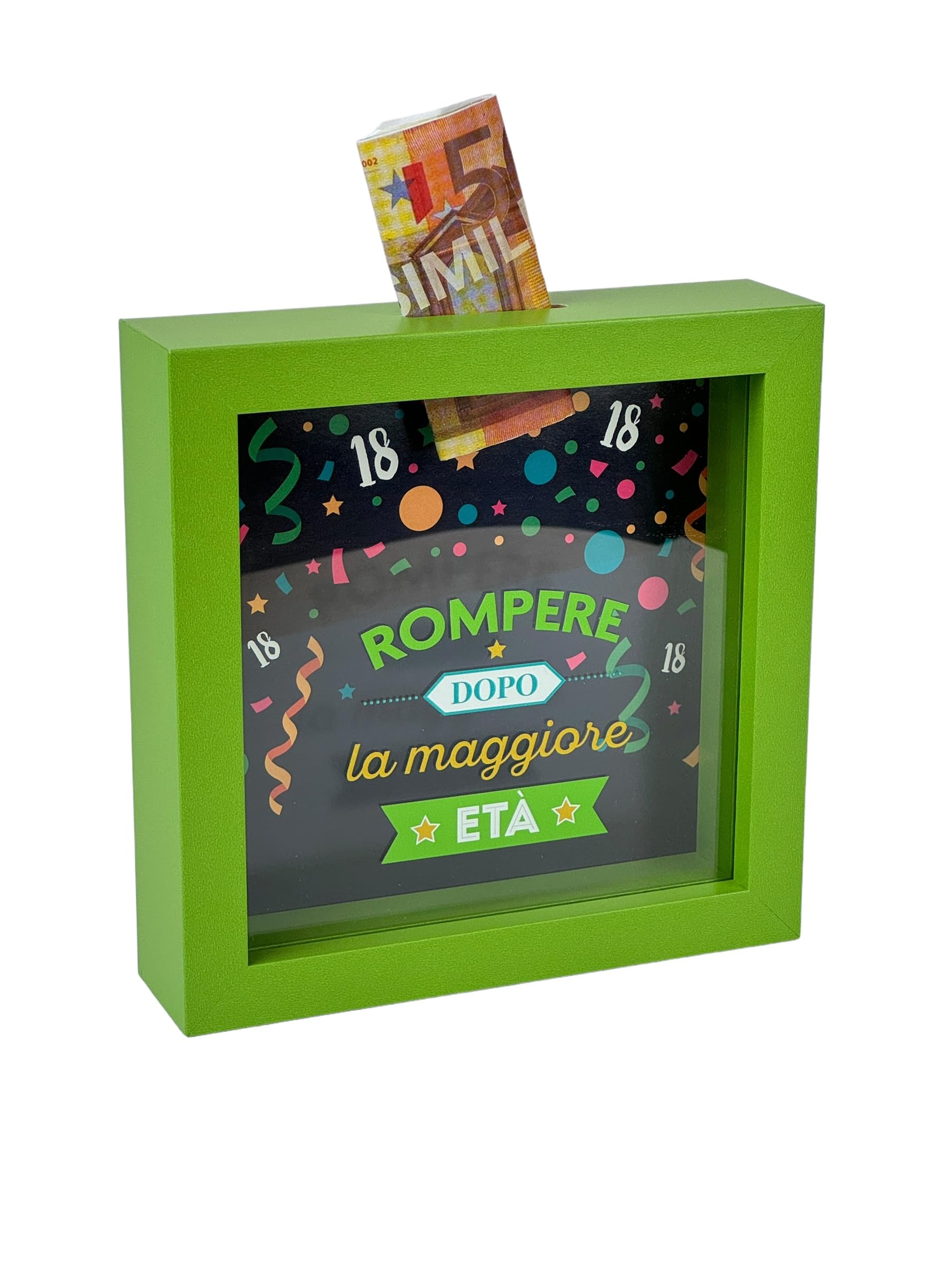 Decorative Money Box 18 Years, Green Frame 16 x 16 cm, Festive Design with Banknote Slots