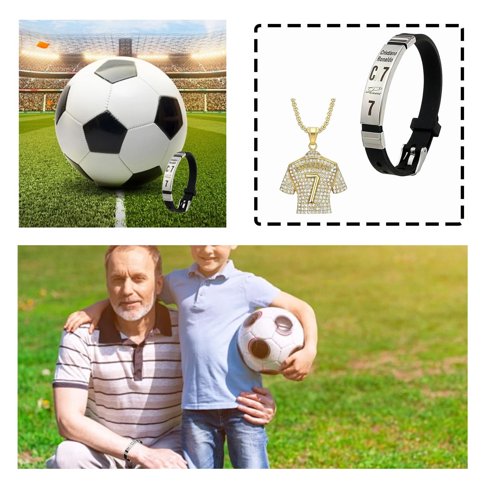 Set di catene da calcio Cr7, bracciale da calcio per ragazzi, collane per ragazzi, un pacchetto di accessori sportivi composto da robusto bracciale in pelle, collana corrispondente con ciondolo a