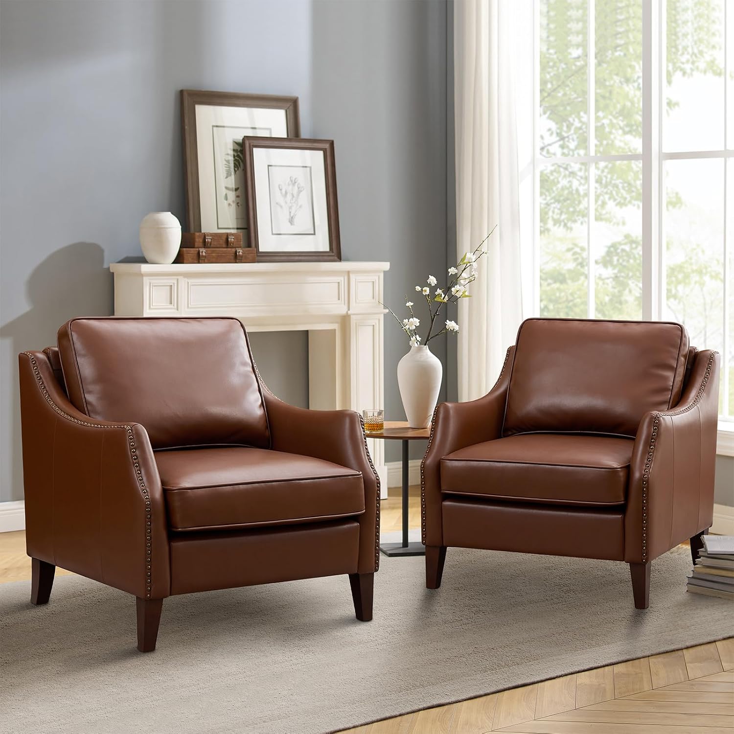 SOFTHION 33.5" Wide Faux Leather Accent Armchair with Nailhead Trim & Solid Wood Legs, Modern Leather Club Chair with Comfy Back & Seat Cushions for Livingroom Bedroom, Brown