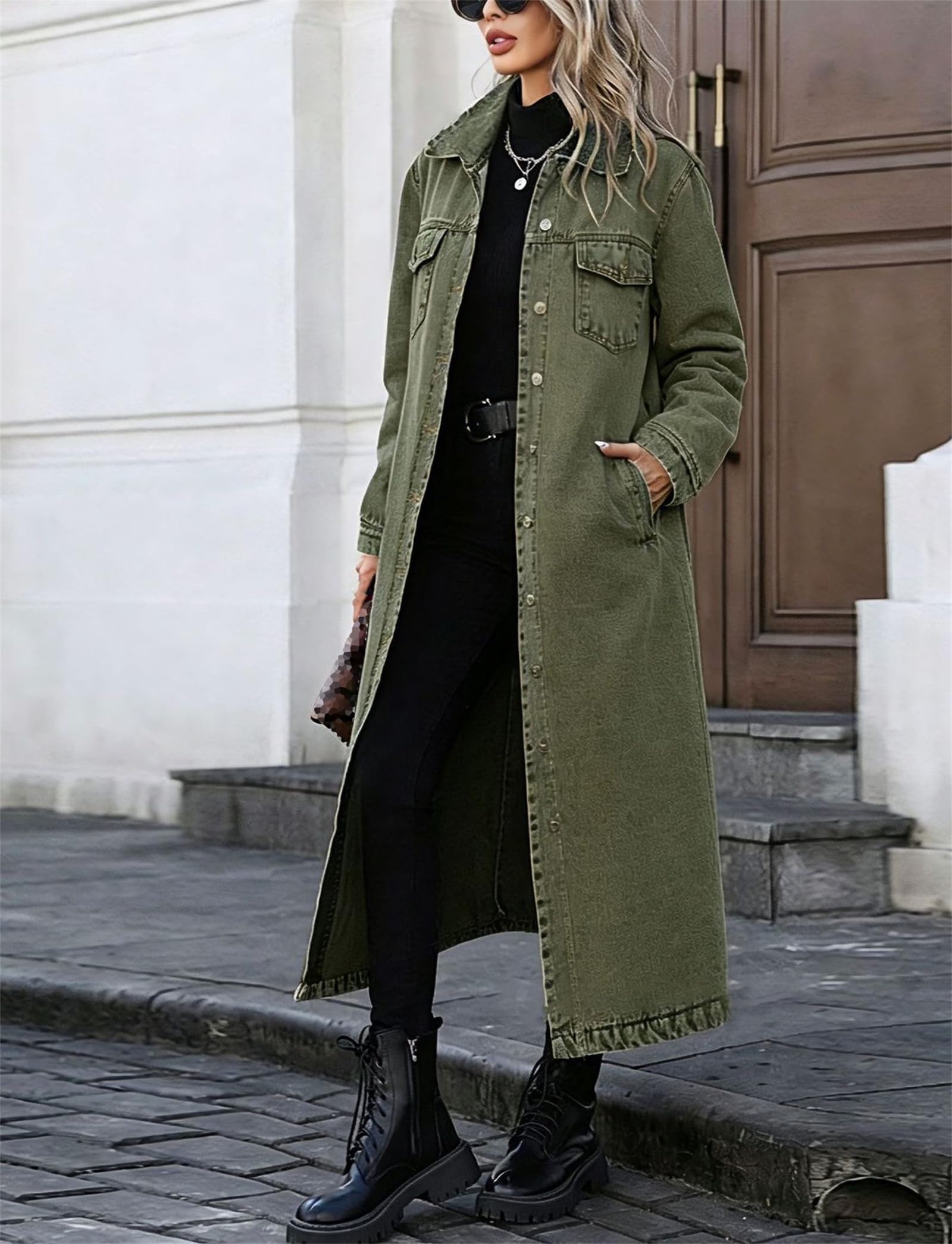 Trench Dżinsowy Długi Damski Klapa Guziki Kurtka Denim Luźna Oversize, Zielony, L | Wiatroodporny dżins z praktycznymi kieszeniami bocznymi. Łatwe dopasowanie do innych ubrań. Com, idealny do pracy