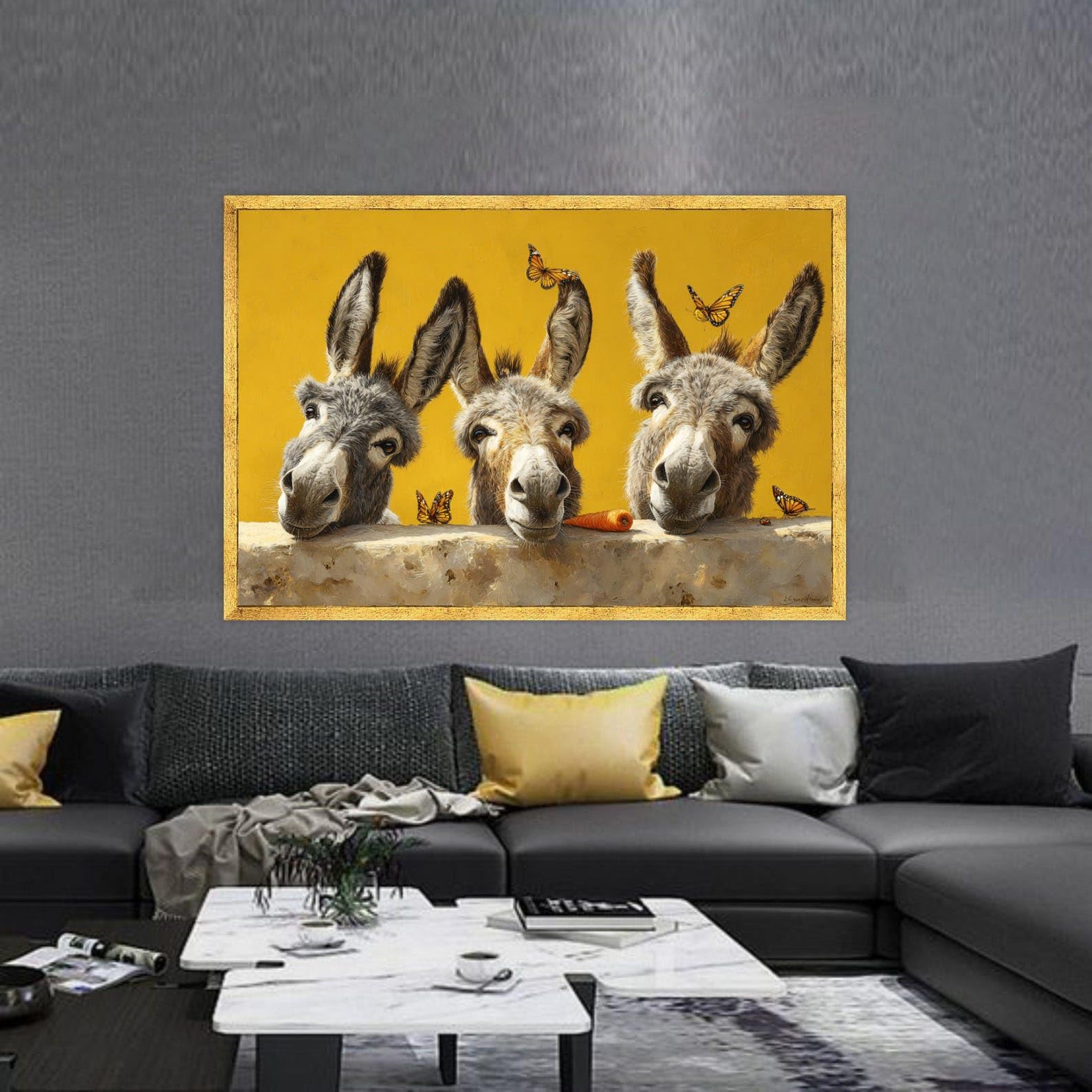 CAOXTART Obraz osły i motyle sztuka ścienna zwierzęta gospodarskie rustykalne plakaty i druki do dekoracji wnętrz w salonie (60x80cm/rama wewnętrzna)