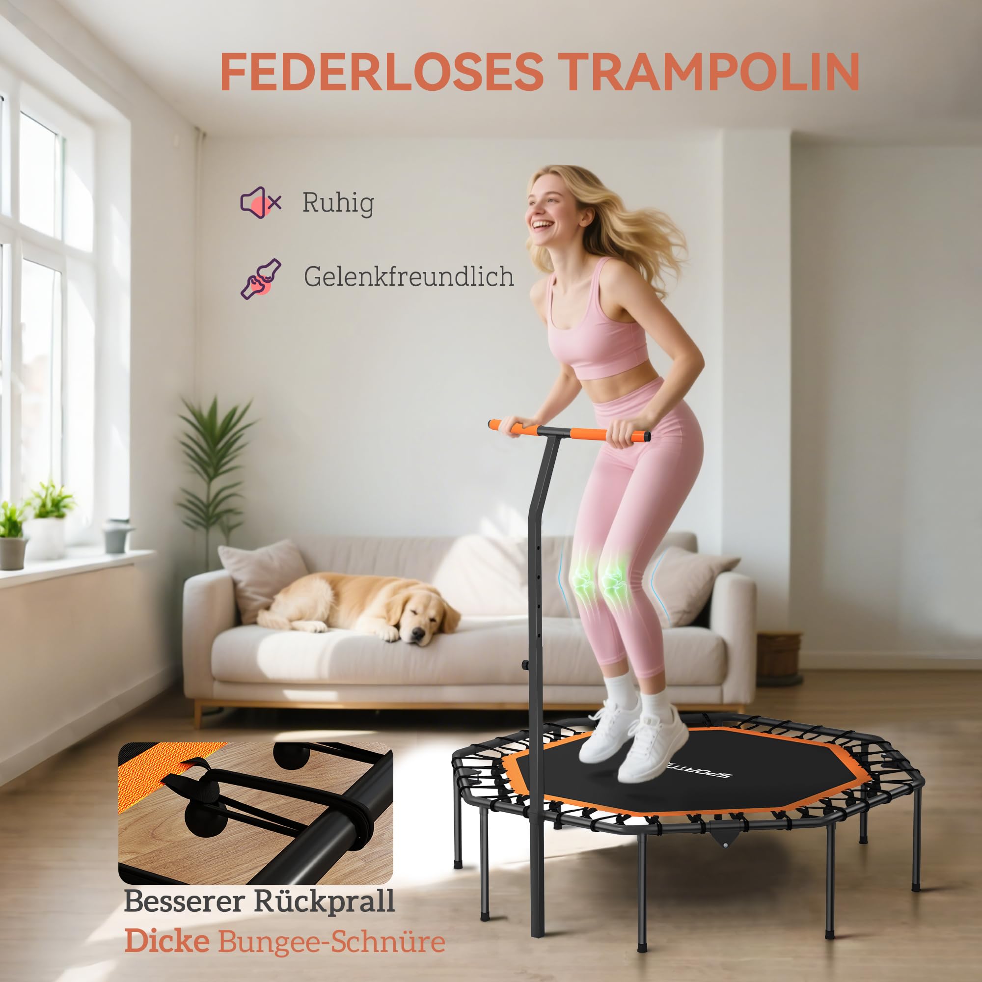 SPORTNOW Fitness Trampolin klappbar Ø128 cm Mini Trampoline mit 5-Stufig Höhenverstellbarem Haltegriff, leise Gummiseil, Trampolin für Erwachsene, Trampoline für Indoor Outdoor Jumping