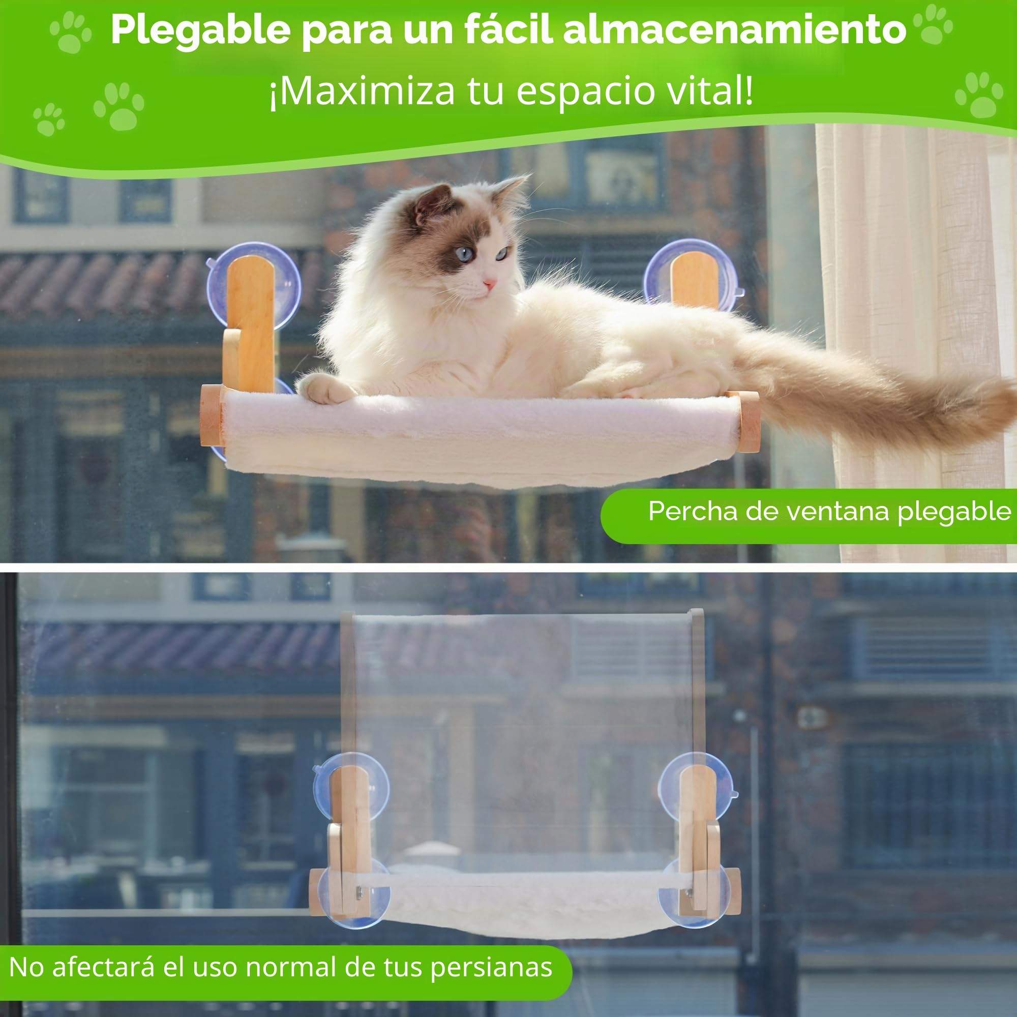Percha de ventana para gatos con marco de madera - Cama plegable para gatos de interior, cubierta de piel de conejo suave, lavable, ventosas fuertes, sin taladrar, soporta gatos grandes
