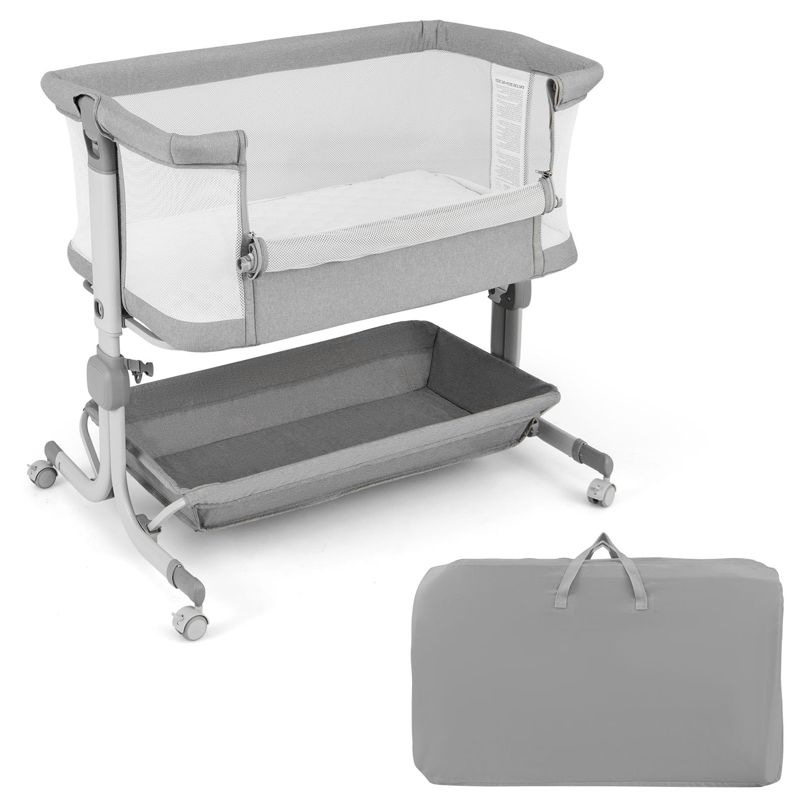 LIFEZEAL Culla Neonato, Next to Me, con Materasso, Cestino Portaoggetti, Ruote e Borsa da Trasporto, Lettino Bambino, Regolabile in Altezza a 6 Livelli, Lettini per Bambini, 0-6 Mesi (grigio scuro)