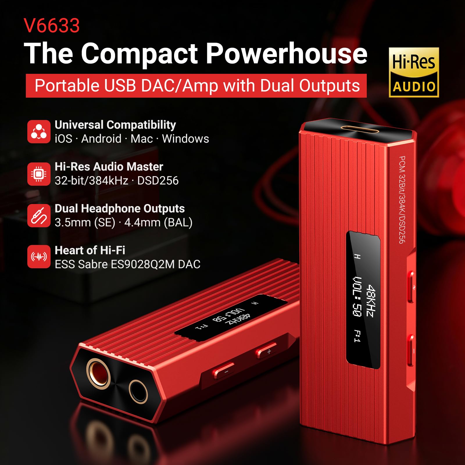 Amplificatore per cuffie USB C DAC, ES9028Q2M amplificatore DAC HiFi portatile, DSD256/PCM 384kHz 32bit, uscite bilanciate da 4,4 mm e 3,5 mm, DAC USB per iPhone 15/16, telefono Android, PC, Mac