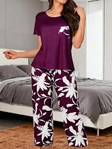 Women Pajama Set Short Sleeve Top and Printed Pants Soft Sleepwear for Home Travel and Daily Relaxation Comfort 2 Pcs