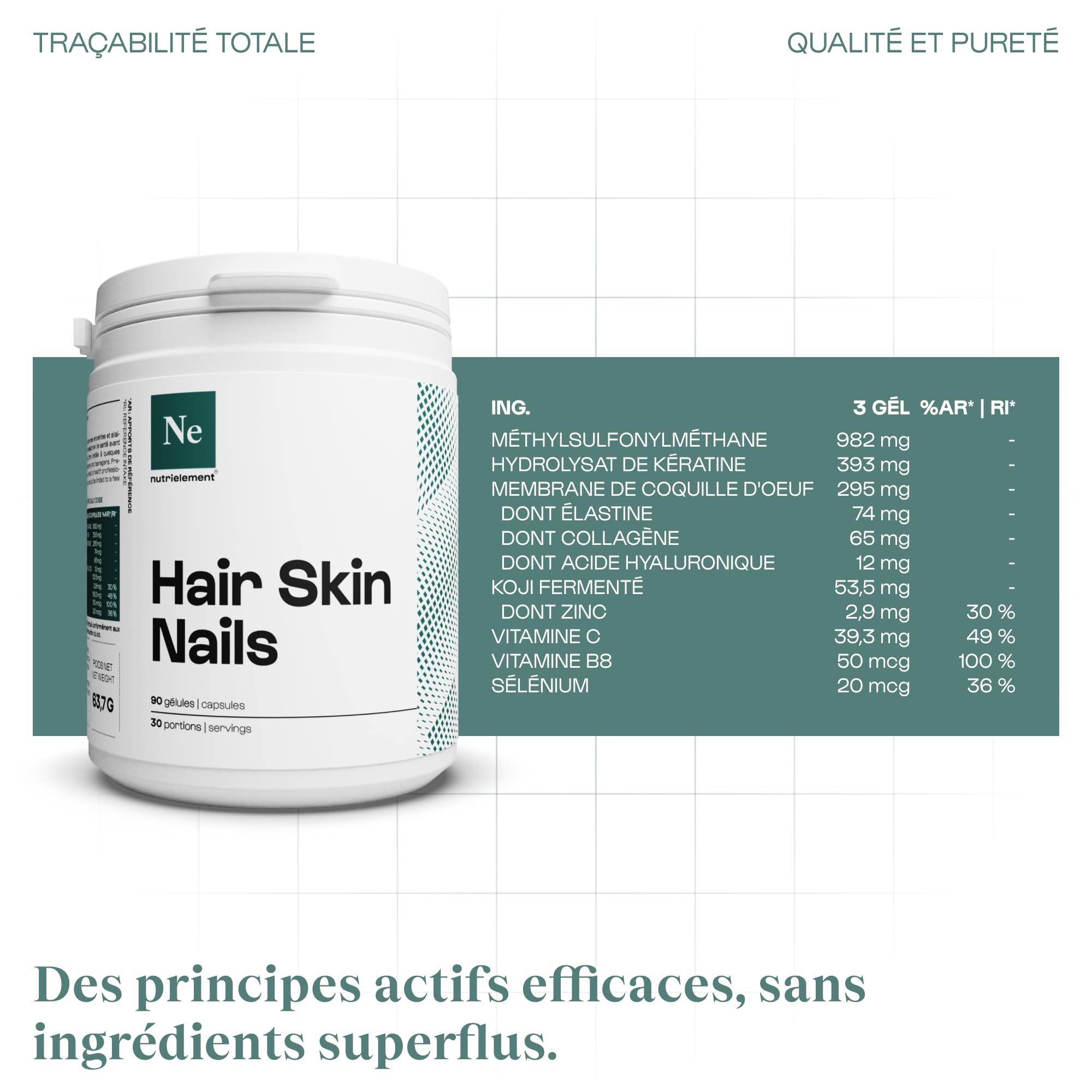 Nutrielement - Hair Skin Nails - 90 gélules - MSM, Kératine, Zinc, Vitamine C, Sélénium, Biotine - Complément alimentaire Pousse Cheveux, Peau, Ongles