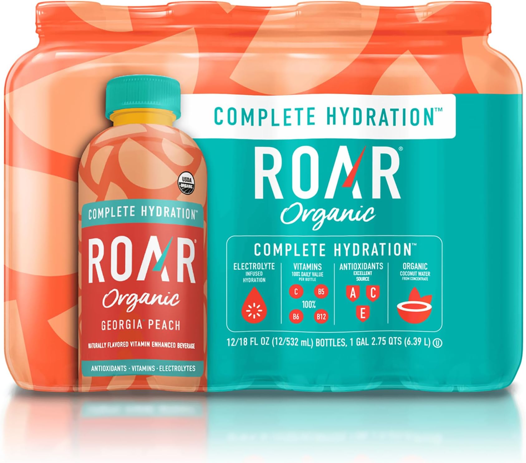ROAR Complete Hydration Organic - Electrolyte Drinks Loaded with Vitamins C, B5, B12 - Non-GMO, Gluten-Free - Georgia Peach - 12 pc