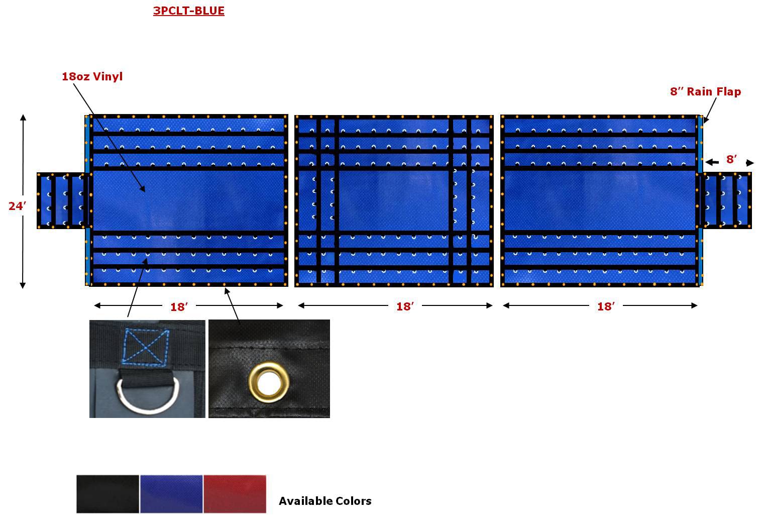 Mytee Products 24' x 18' 3 Piece Blue Lumber Tarp for Heavy Duty Truck Cargo - 18 Oz Vinly Flatbed Tarps with 8' Drop - Waterproof Tarp for Trailers to Protect Cargo from Wind, Rain, Snow and Sun