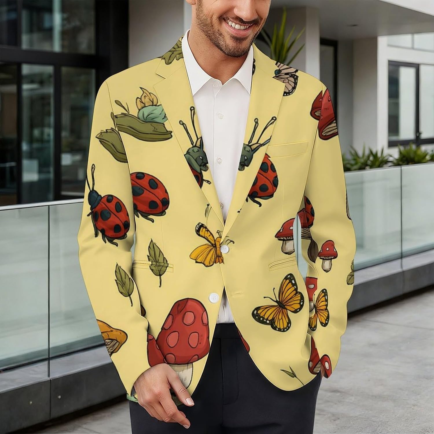 Autumn Plants Mushroom Butterfly Mens Casual Blazer Two Button Sport Coat Business Suit Jacket