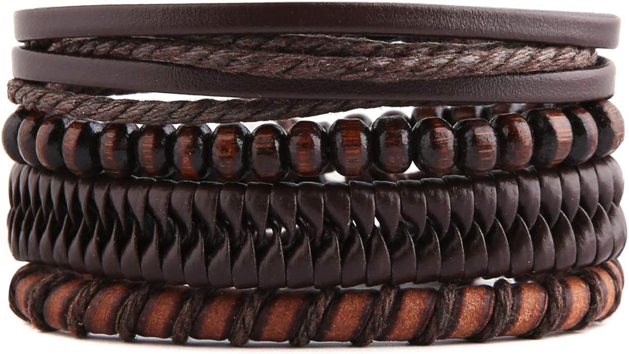 Mix 4 Wrap Bracelets Men Women, Hemp Cords Wood Beads Ethnic Tribal Bracelets, Leather Wristbands