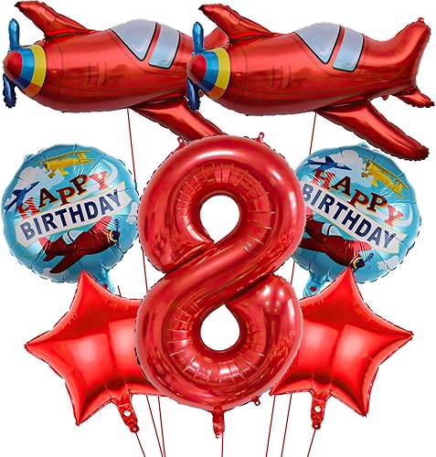7 globos de avión, globos de aluminio de Mylar con número de cumpleaños de avión rojo, decoración de fiesta de cumpleaños temática de 8 años (8)